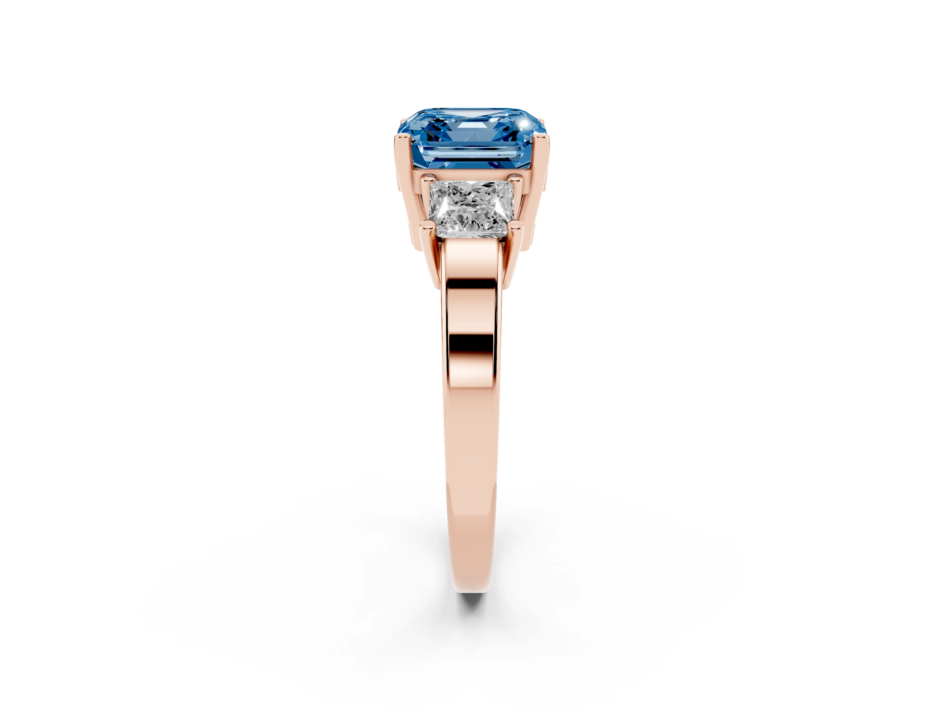 Fancy Blue Three-Stone Asscher Cut Diamond Solitaire Ring Set in Rose gold with Prong Setting