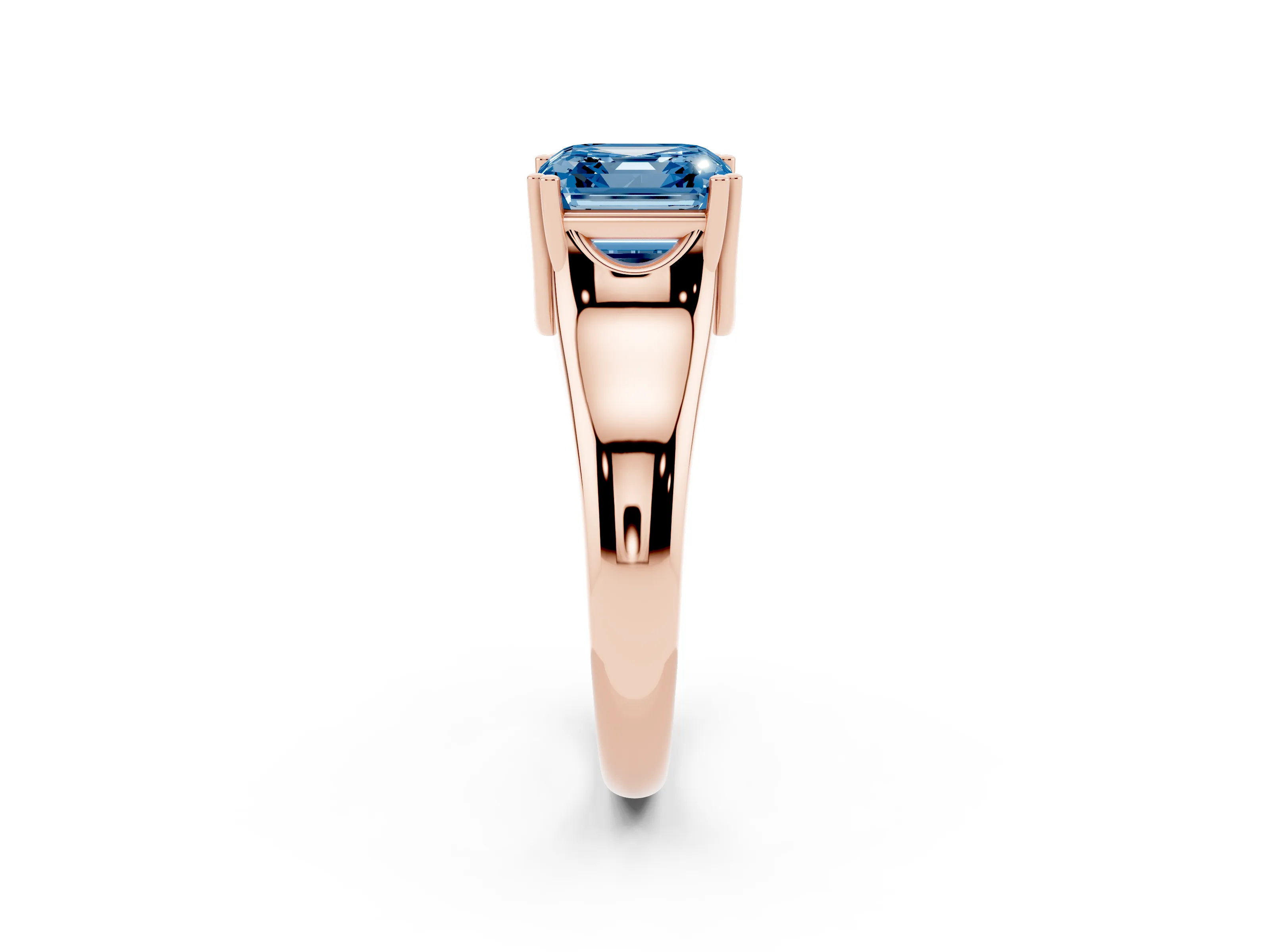 Fancy Blue Asscher Cut Diamond Solitaire Ring Set in Rose gold with Wide Band and Prong Setting