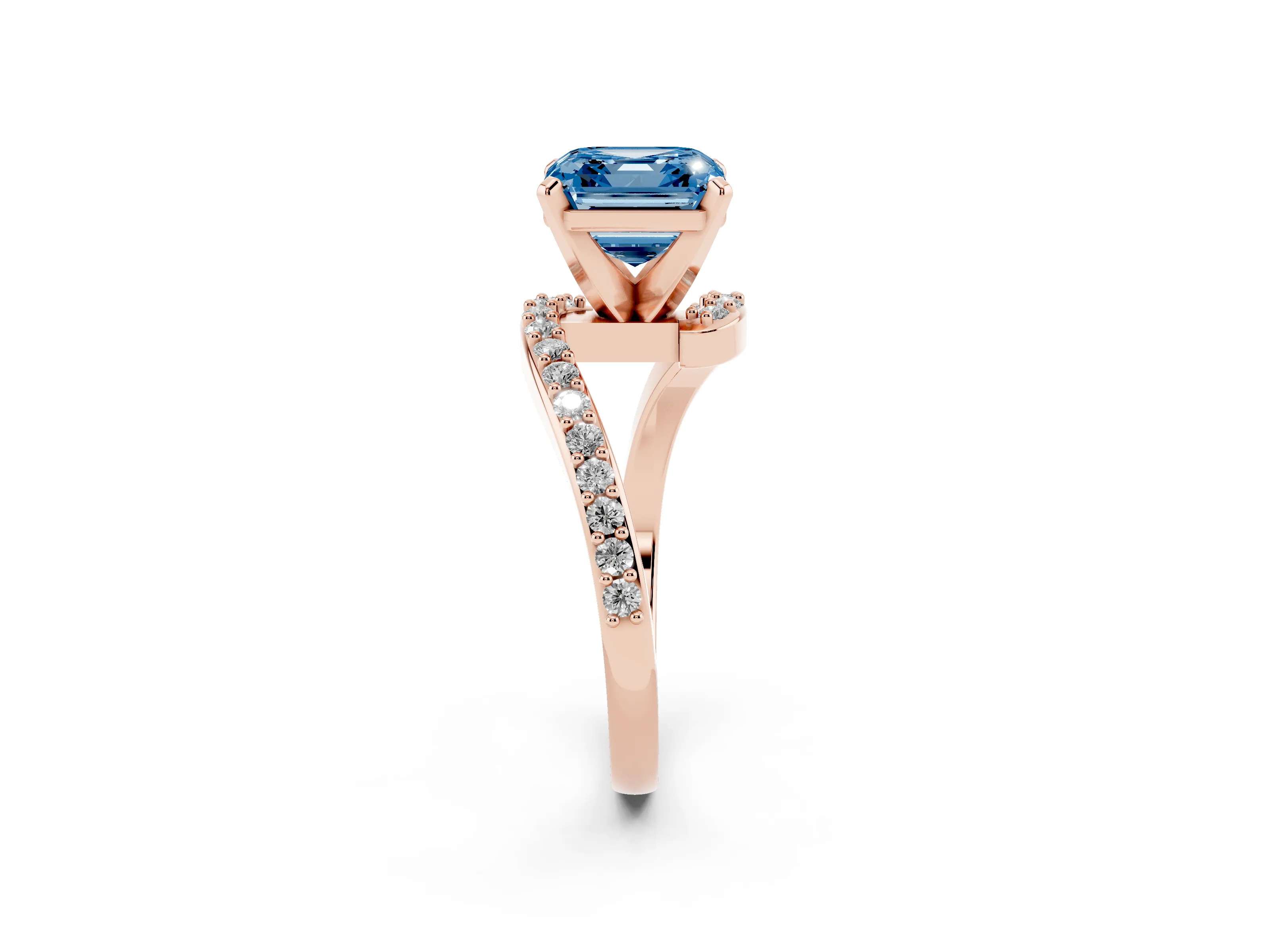 Fancy Blue Asscher Cut Diamond Solitaire Ring Set in Rose gold with Pavé Twist Band and Prong Setting