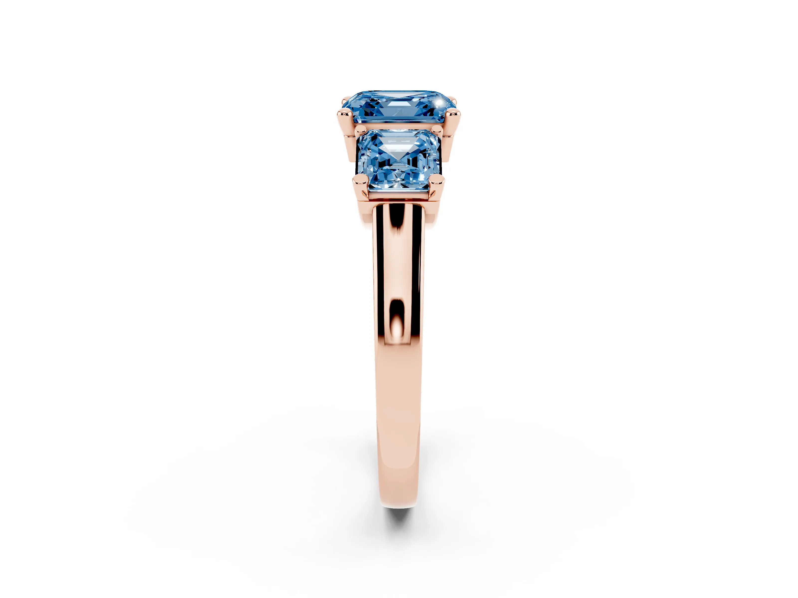 Fancy Blue Asscher Cut Diamond Three-Stone Trellis Ring Set in Rose gold with Comfort Fit Band