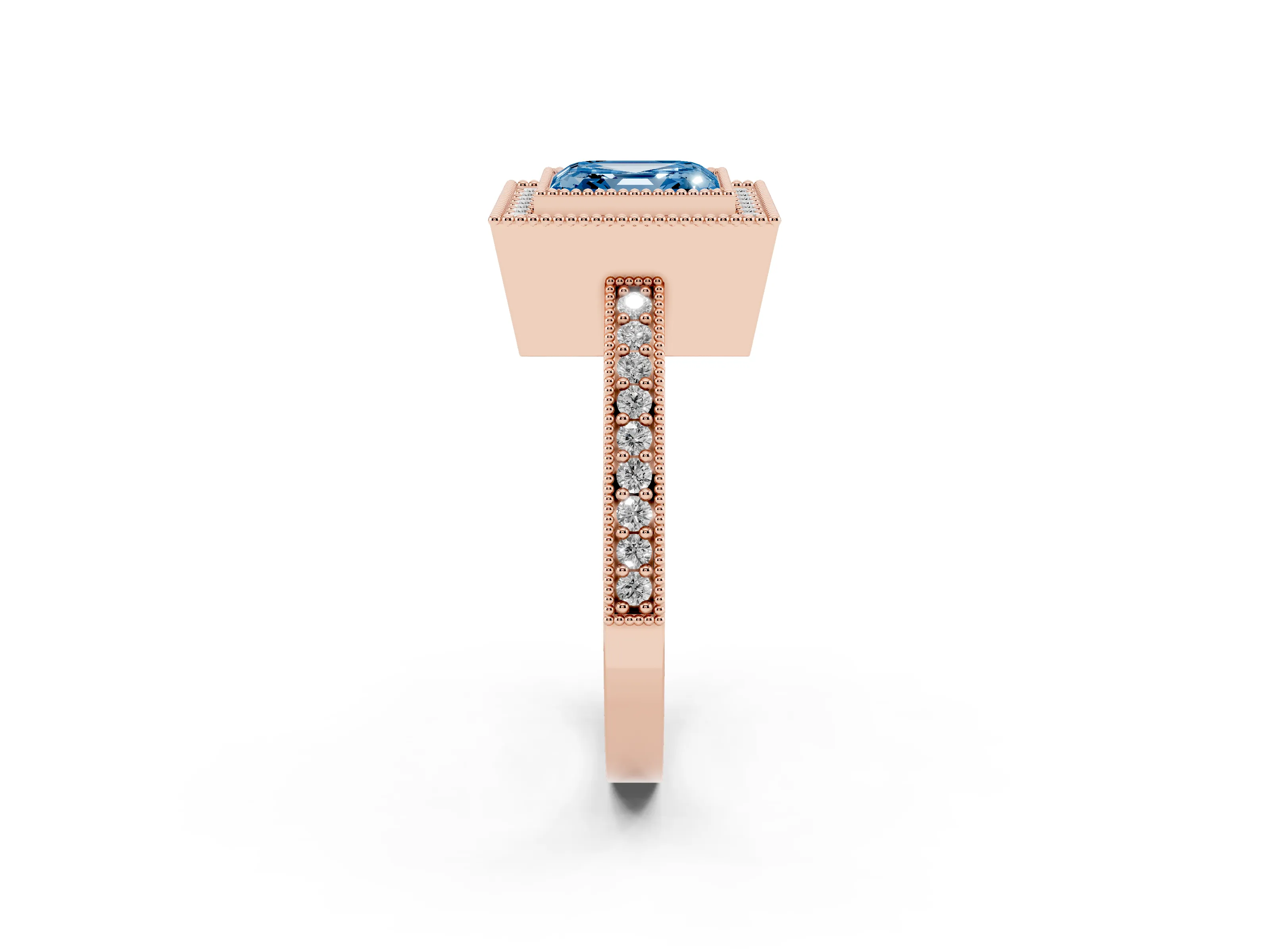 Fancy Blue Asscher Cut Diamond Halo Engagement Ring Set in Rose gold with Pavé Band and Round Halo Stones
