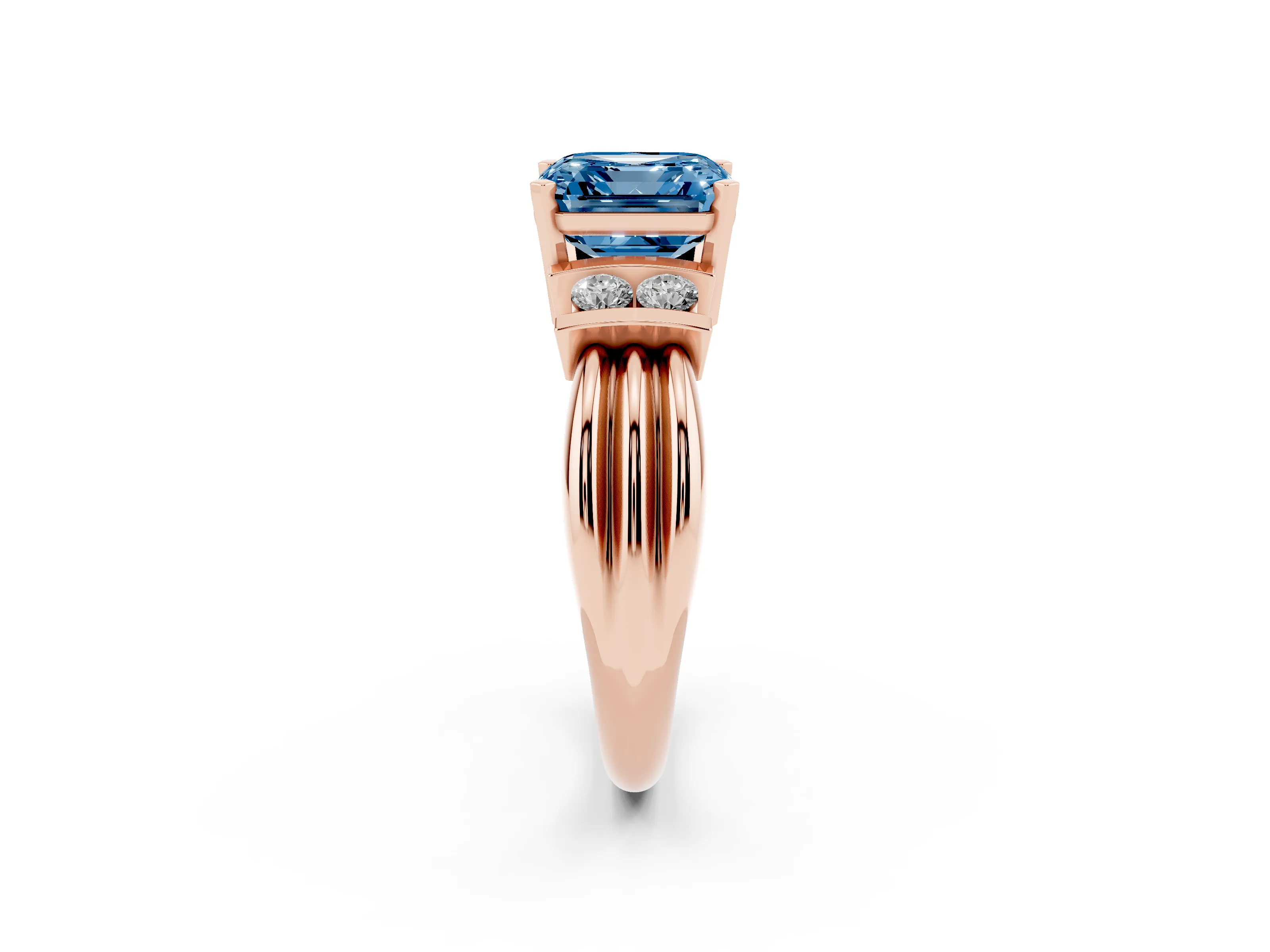 Fancy Blue Three-Stone Asscher Cut Diamond Channel Set Ring Set in Rose gold with Bar Prongs