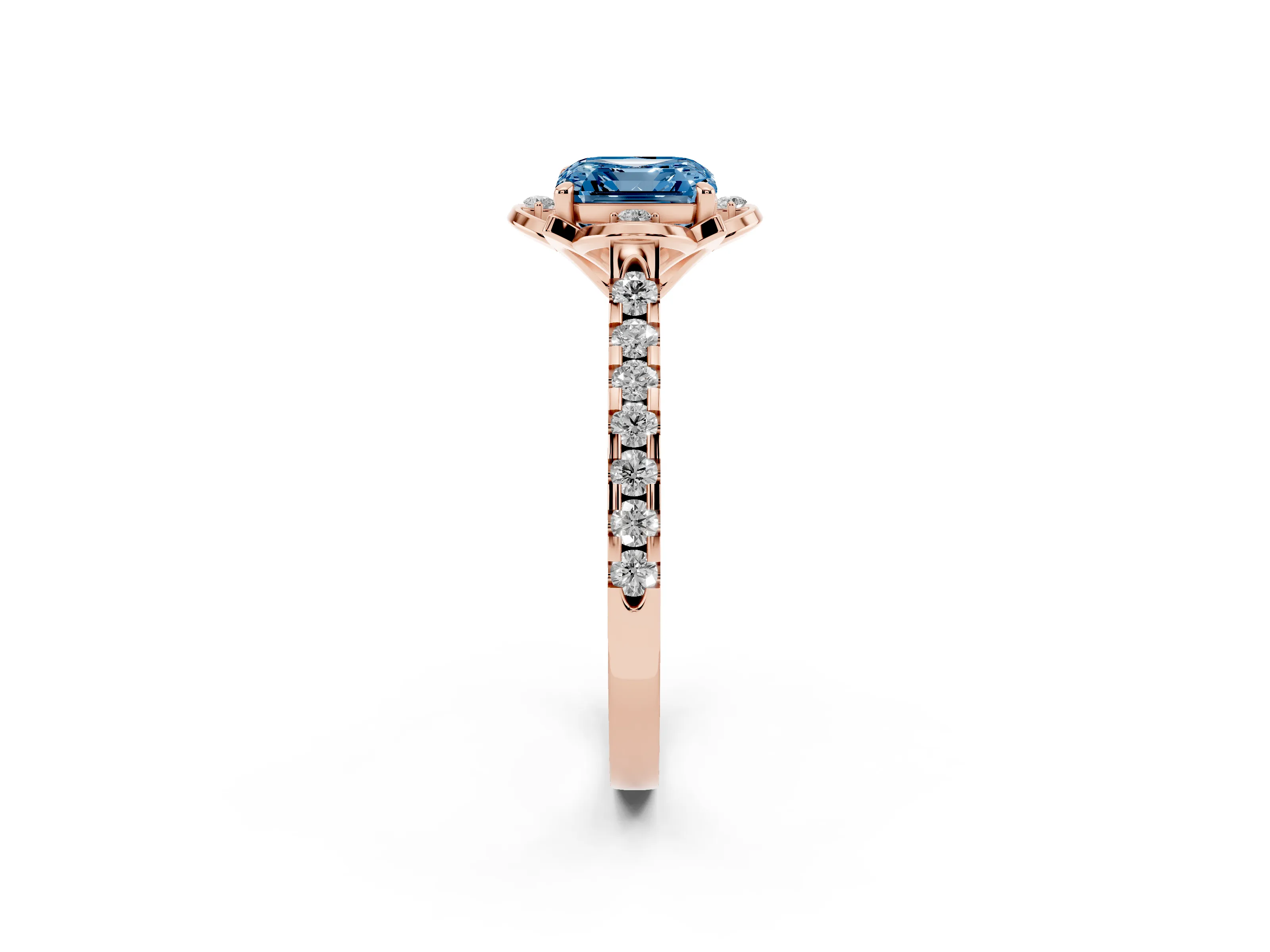 Fancy Blue Asscher Cut Diamond Solitaire Ring Set in Rose gold with Pavé Band and Floral Prong Setting