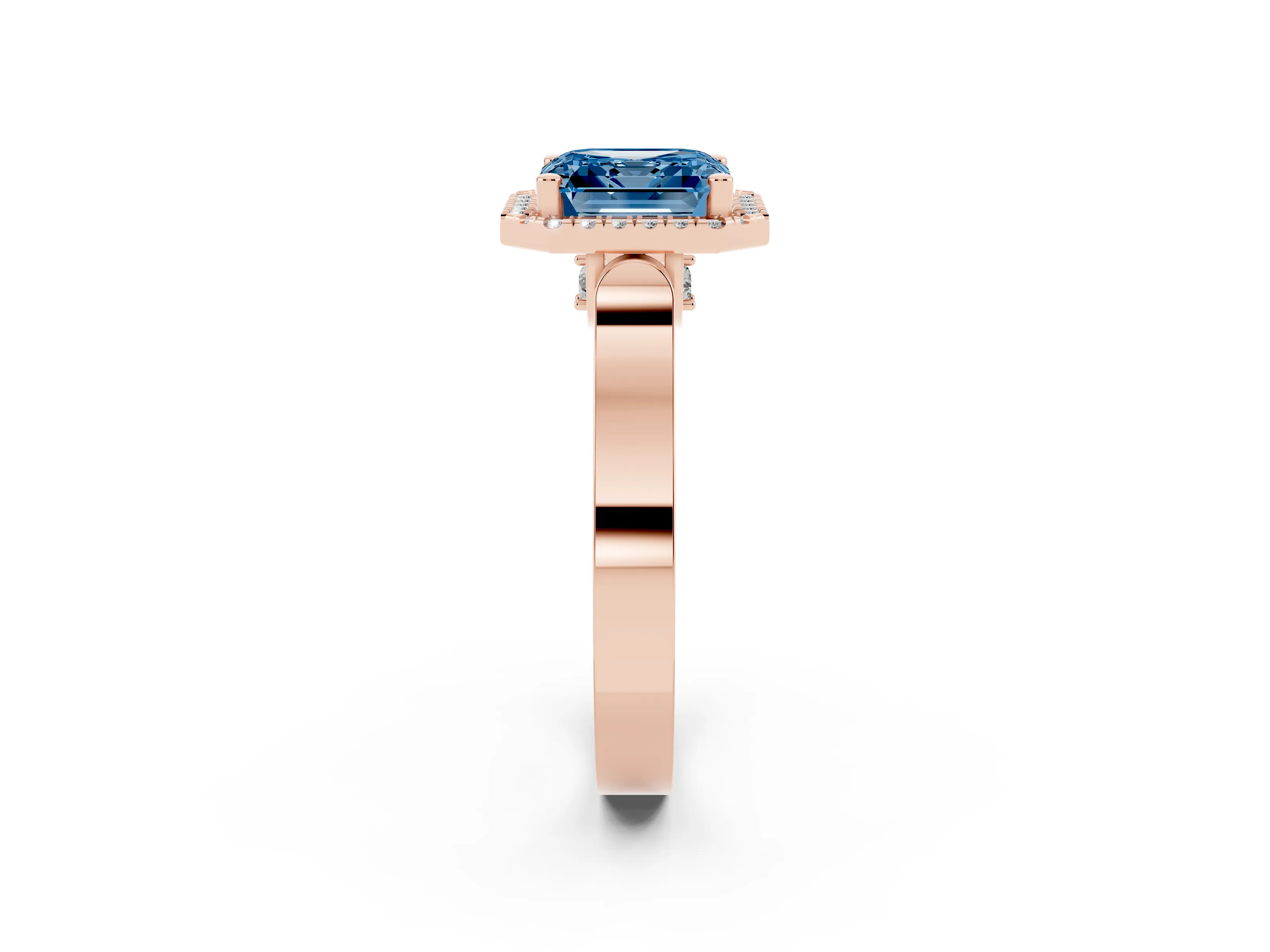 Fancy Blue Asscher Cut Diamond Halo Ring Set in Rose gold with Pavé-Lined Split Shank Band