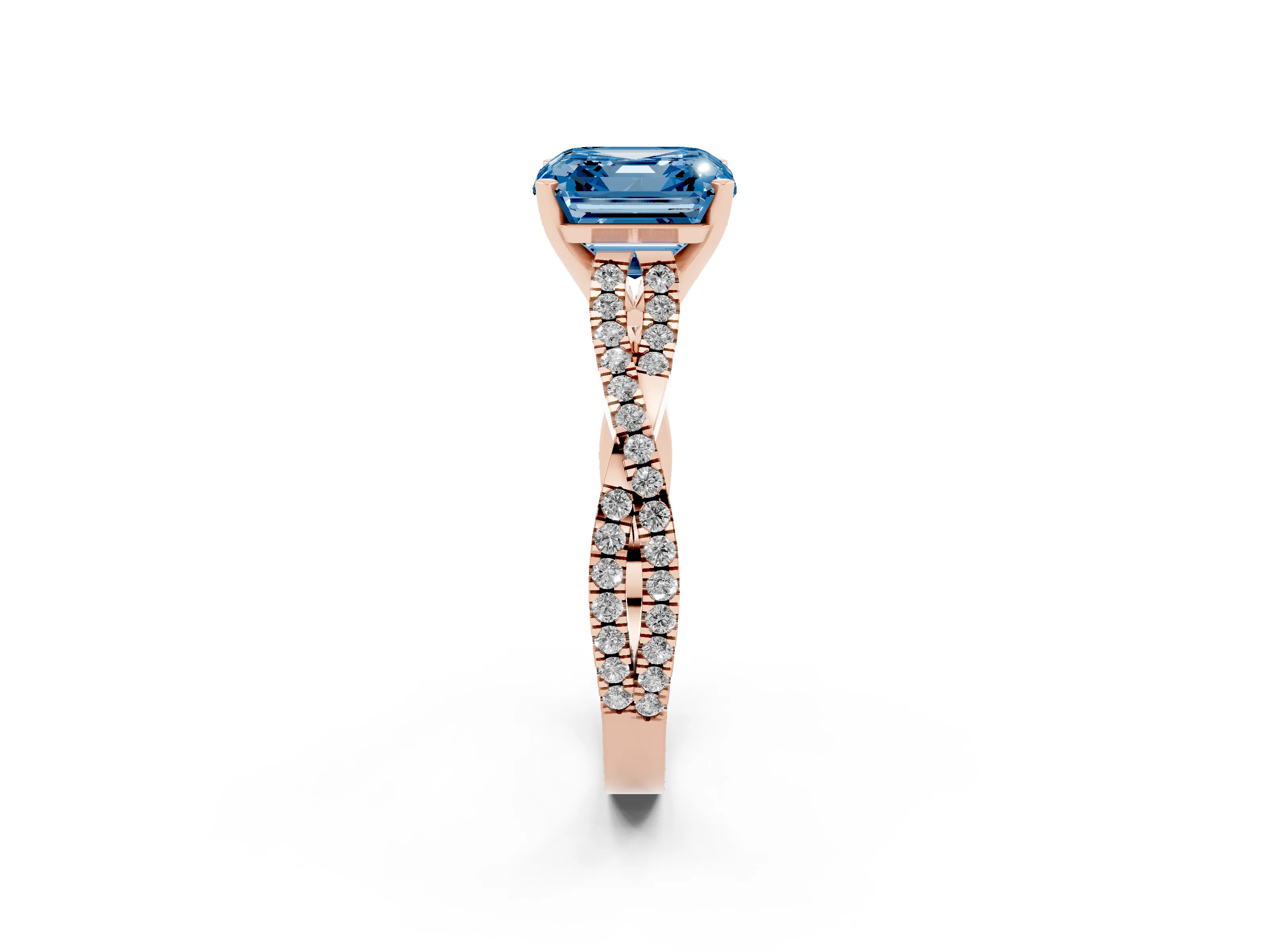 Fancy Blue Asscher Cut Diamond Solitaire Engagement Ring Set in Rose gold with Twisted Pavé Band and Prong Setting