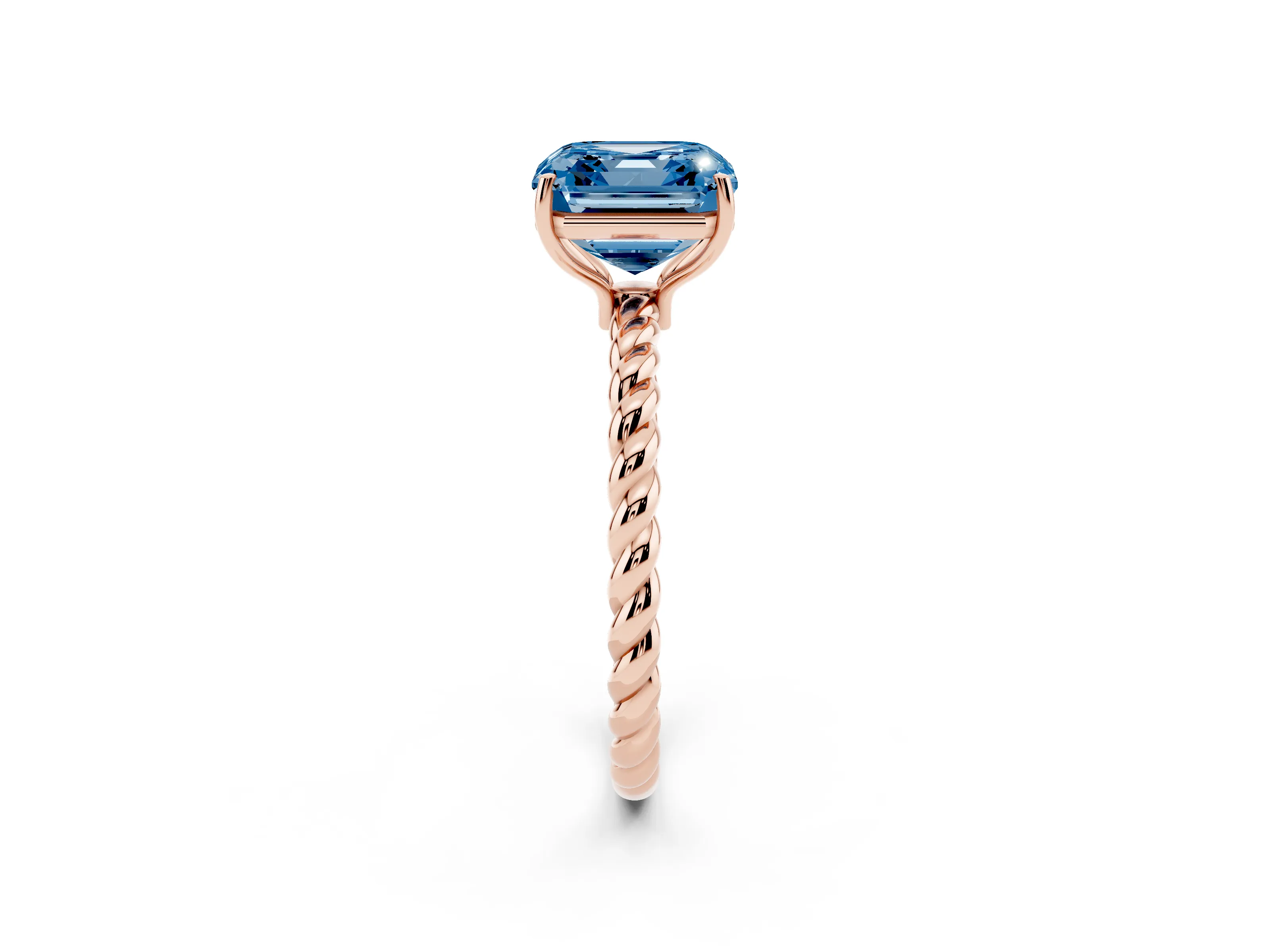 Fancy Blue Asscher Cut Diamond Solitaire Ring Set in Rose gold with Twist Band and Prong Setting