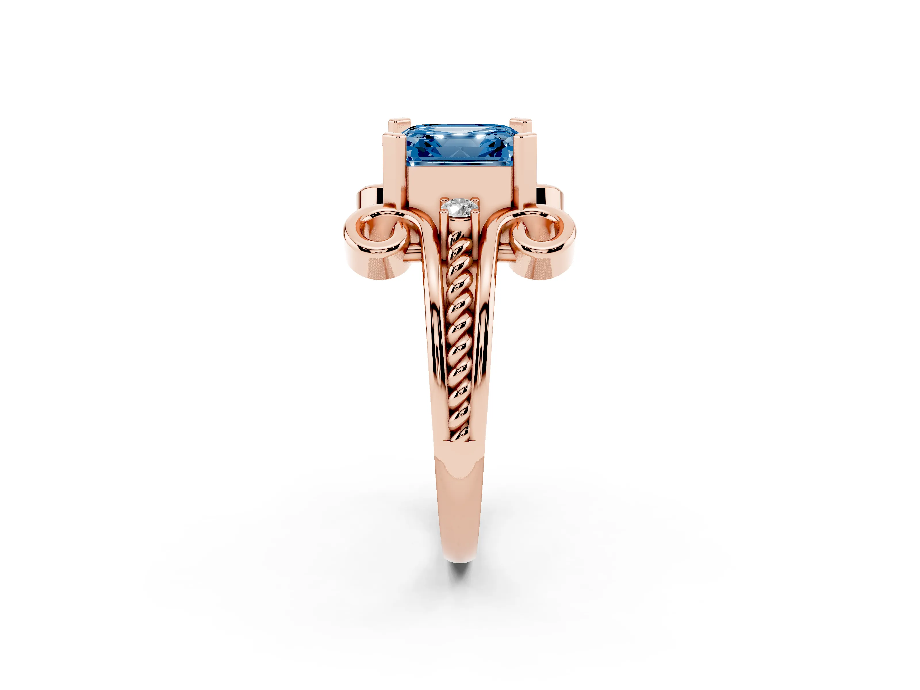 Fancy Blue Asscher Cut Diamond Twisted Band Solitaire Ring Set in Rose gold with Scroll Prongs