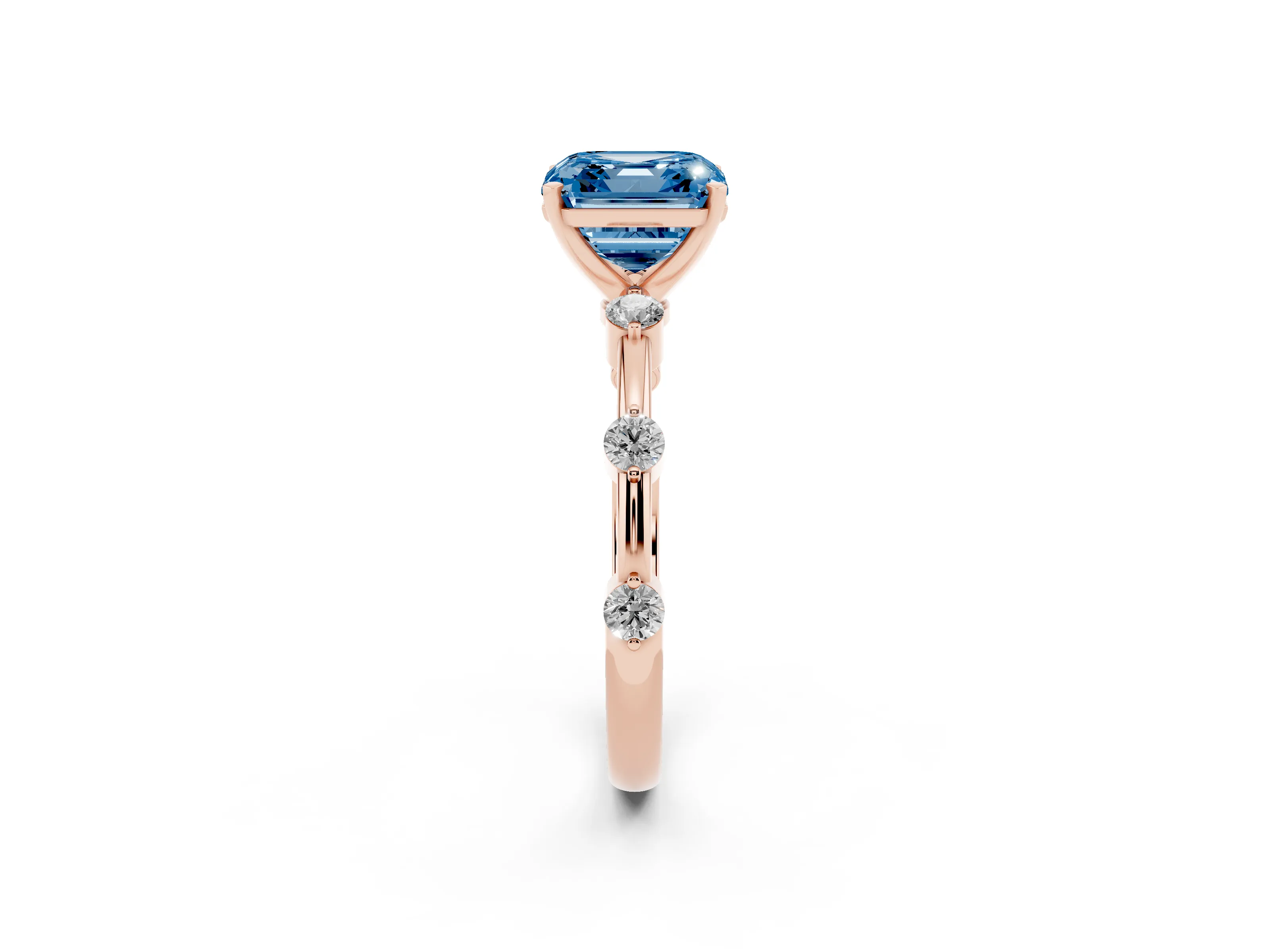 Fancy Blue Asscher Cut Diamond Solitaire Ring Set in Rose gold with Bezel Set Side Stones and Prong Setting