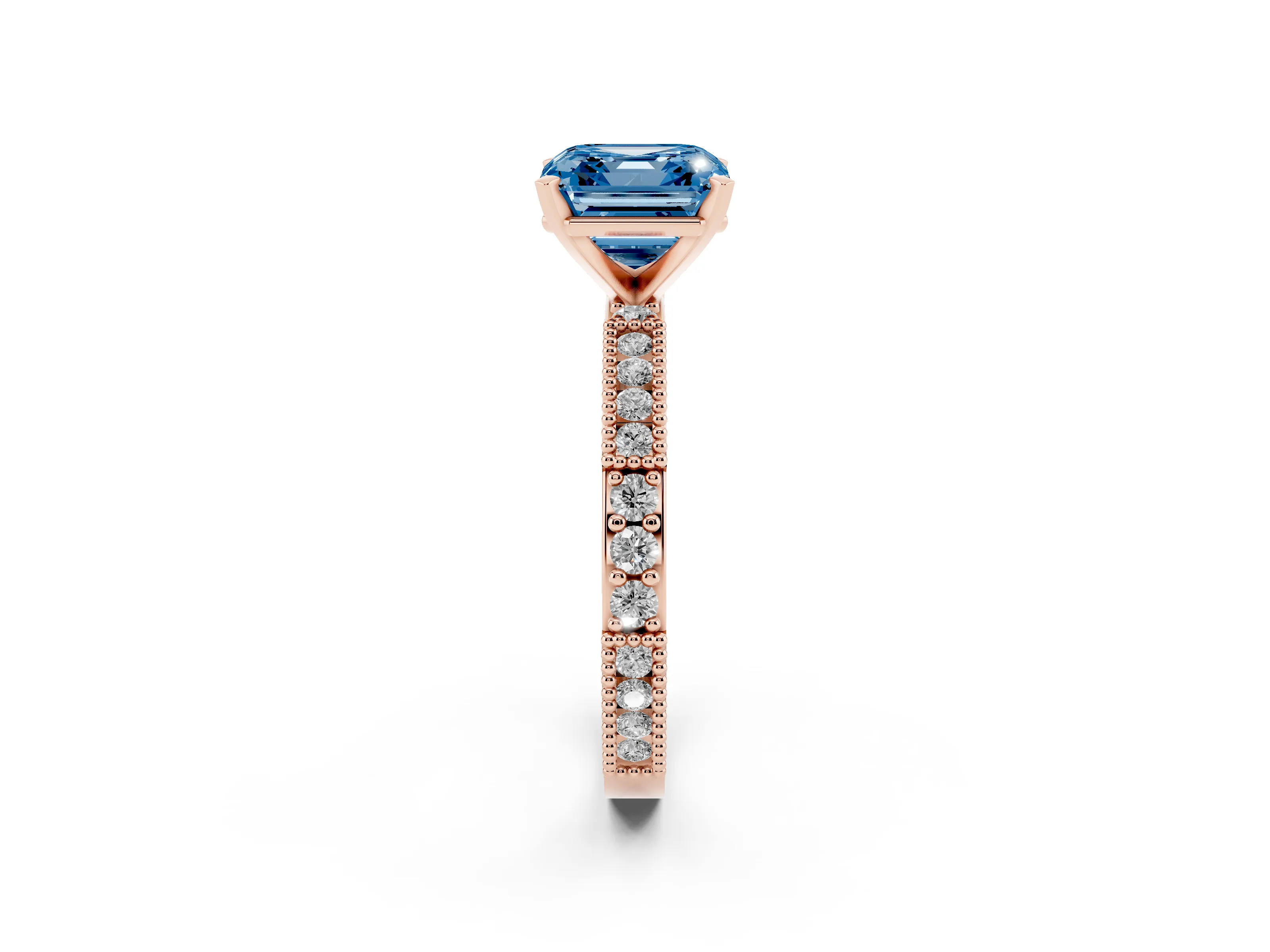 Fancy Blue Asscher Cut Diamond Solitaire Ring Set in Rose gold with Slim Pavé Band and Prong Setting