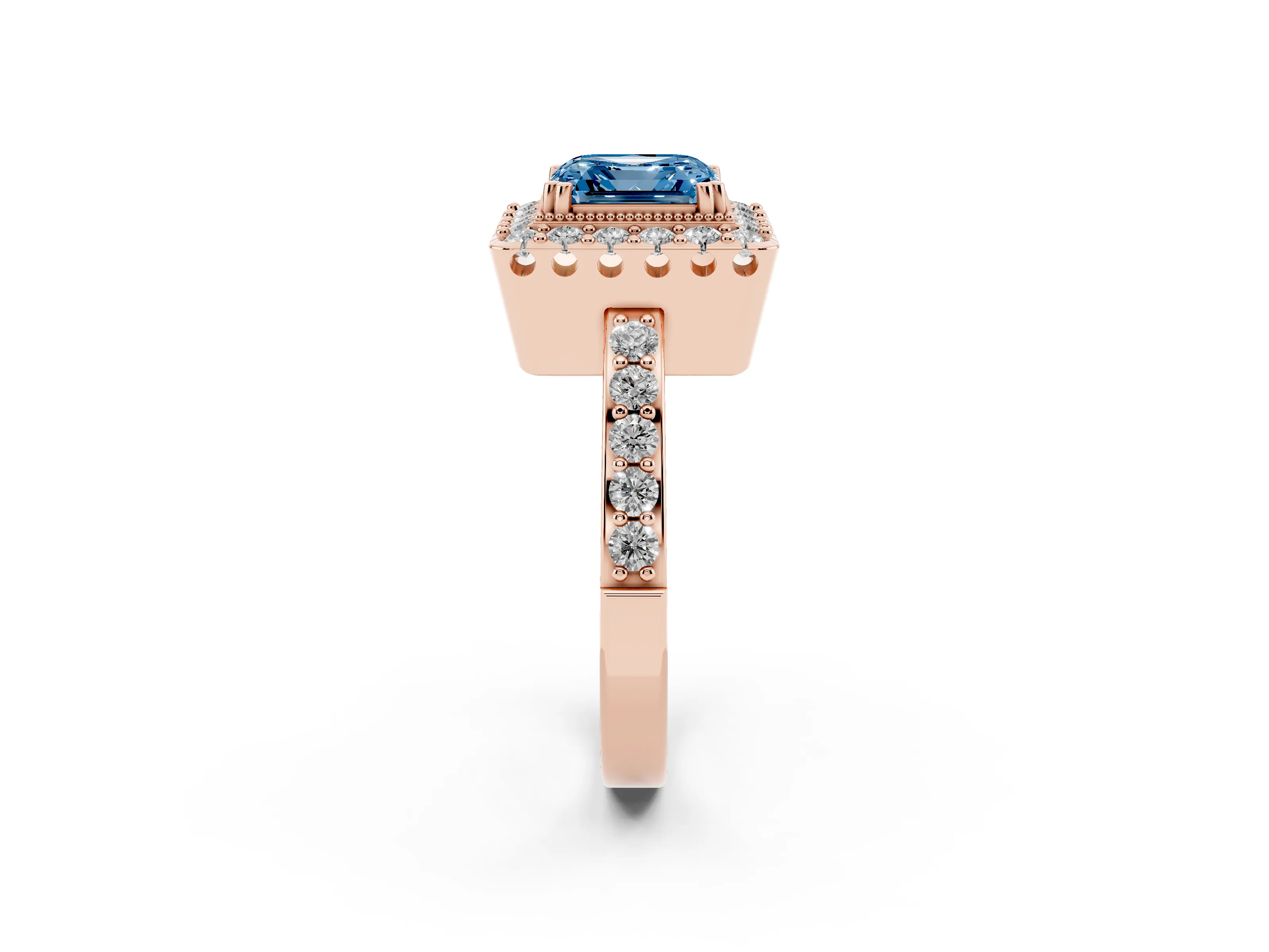 Fancy Blue Asscher Cut Diamond Halo Ring Set in Rose gold with Pavé Shank and Prong Setting