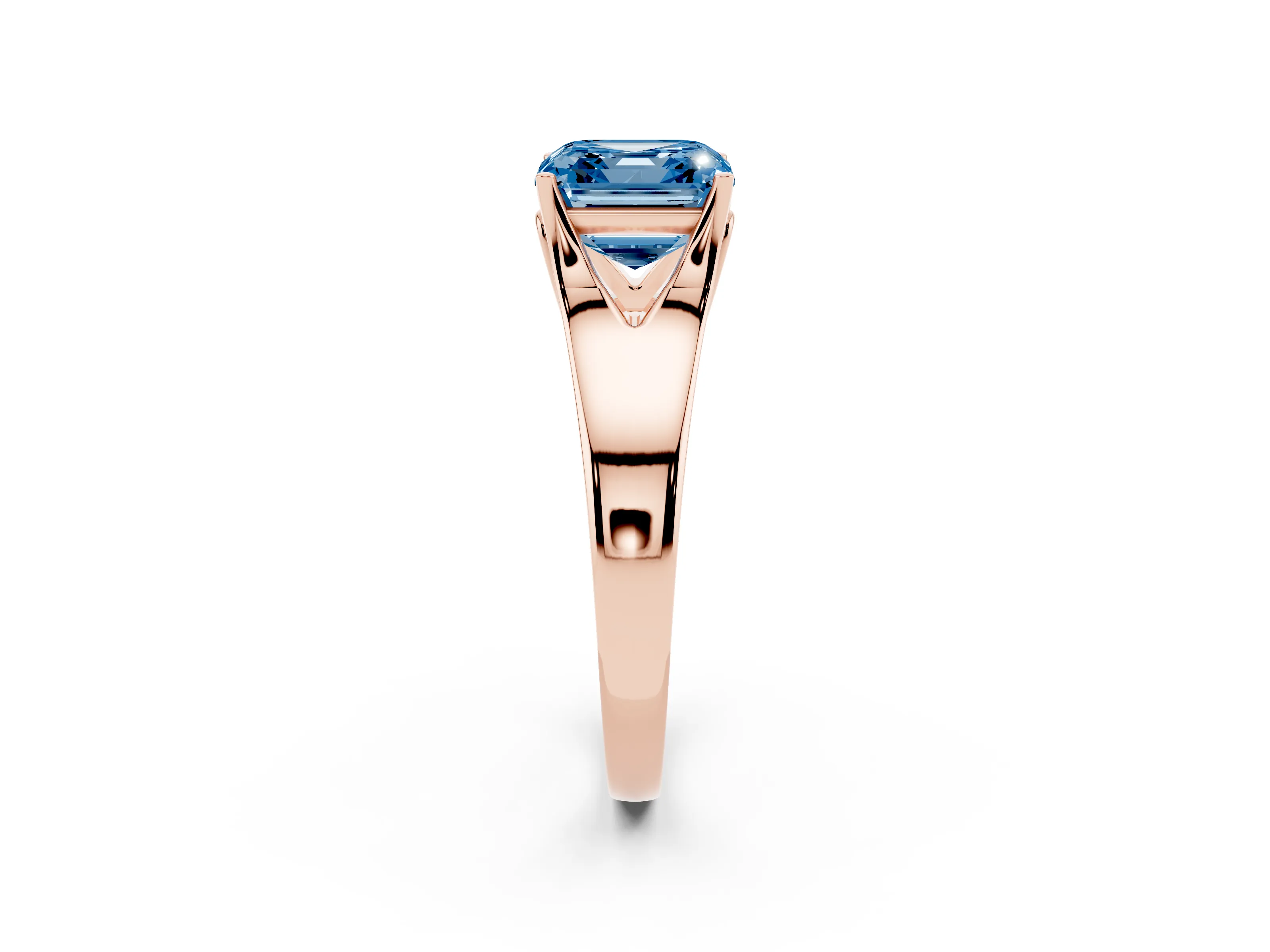 Fancy Blue Asscher Cut Diamond Solitaire Ring Set in Rose gold with Arched Cathedral Band and Prong Setting