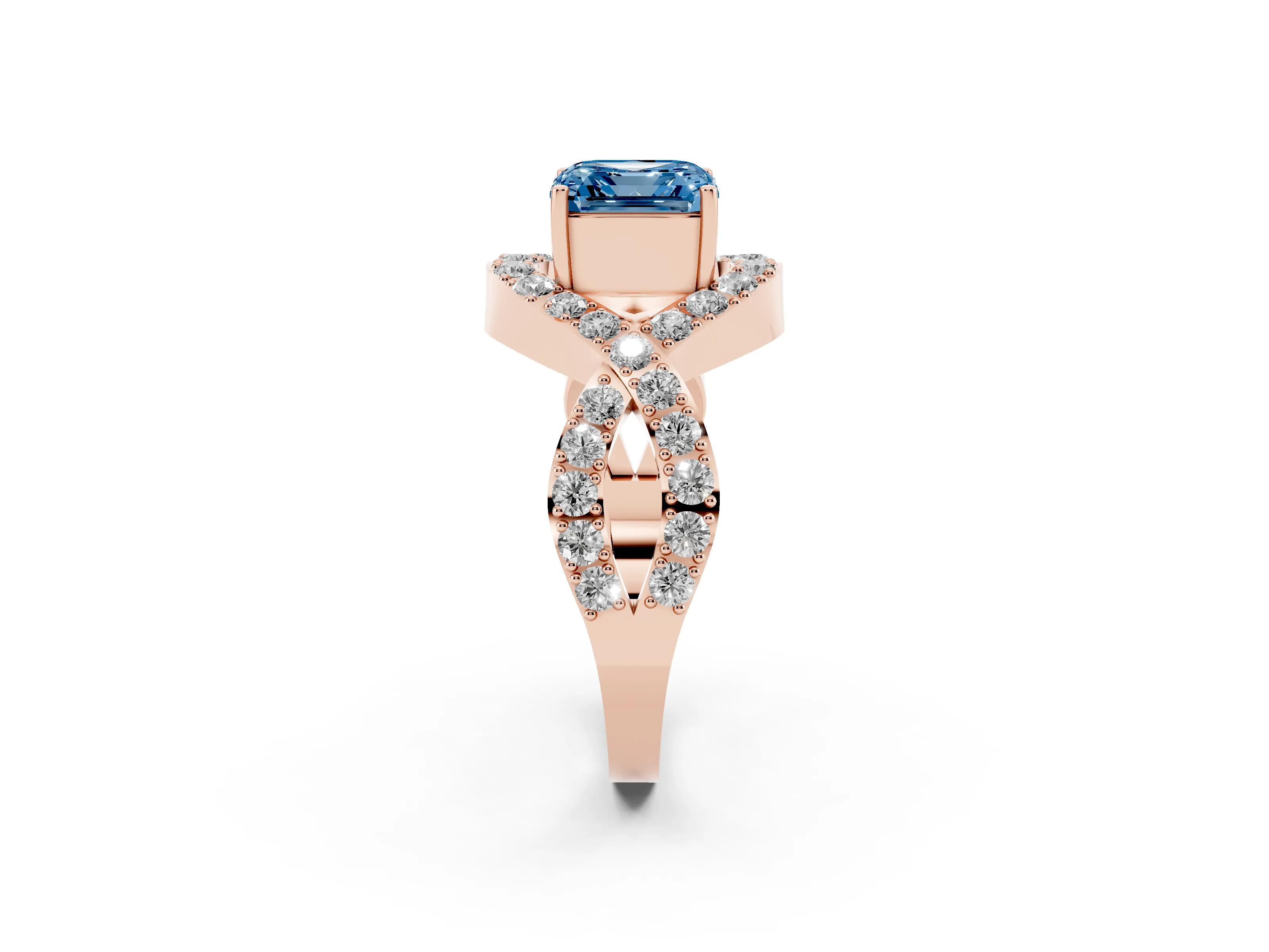 Fancy Blue Asscher Cut Diamond Solitaire Twist Band Pavé Engagement Ring Set in Rose gold
