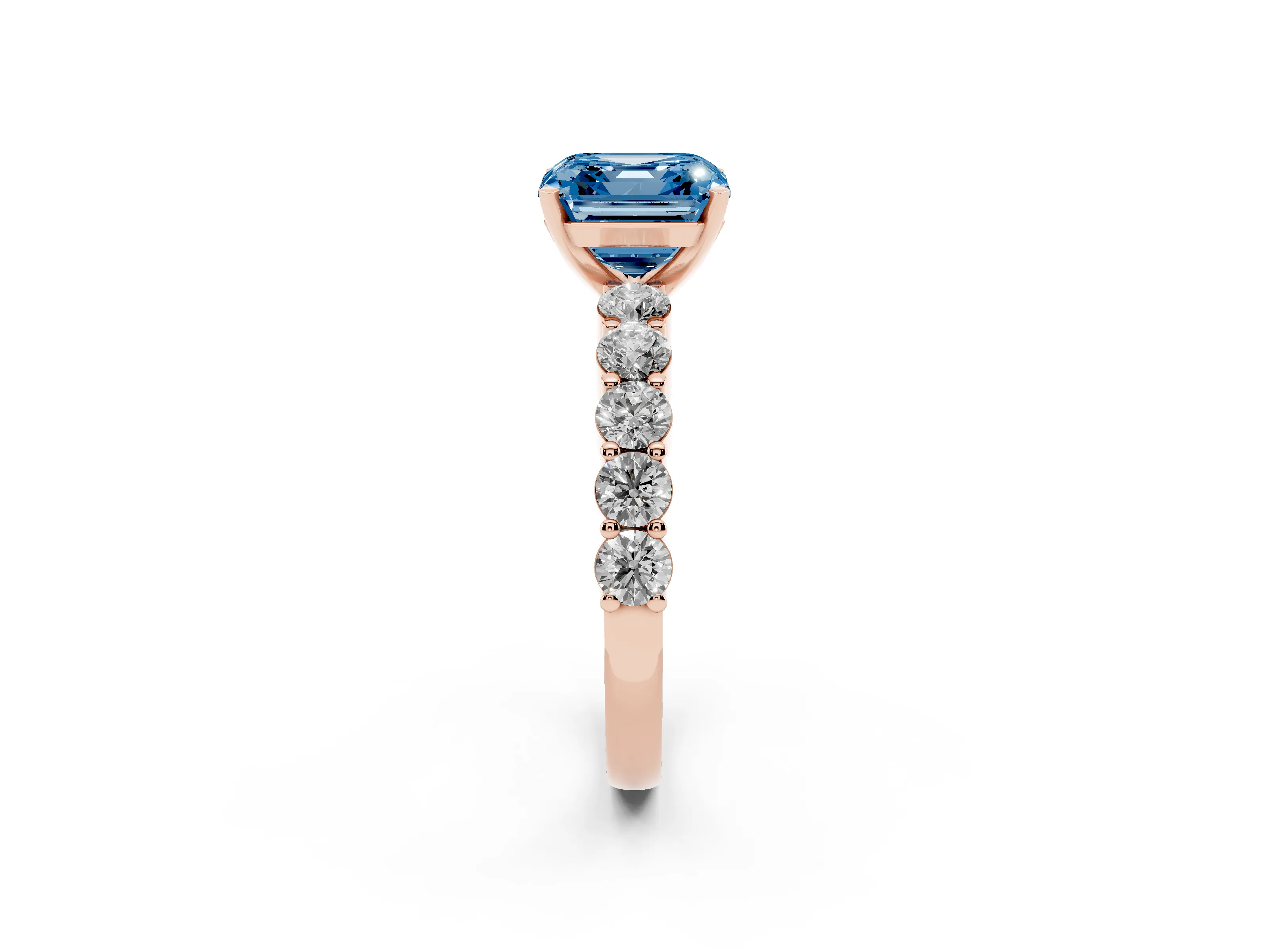 Fancy Blue Asscher Cut Diamond Solitaire Ring Set in Rose gold with Shared Prong Round Side Stones
