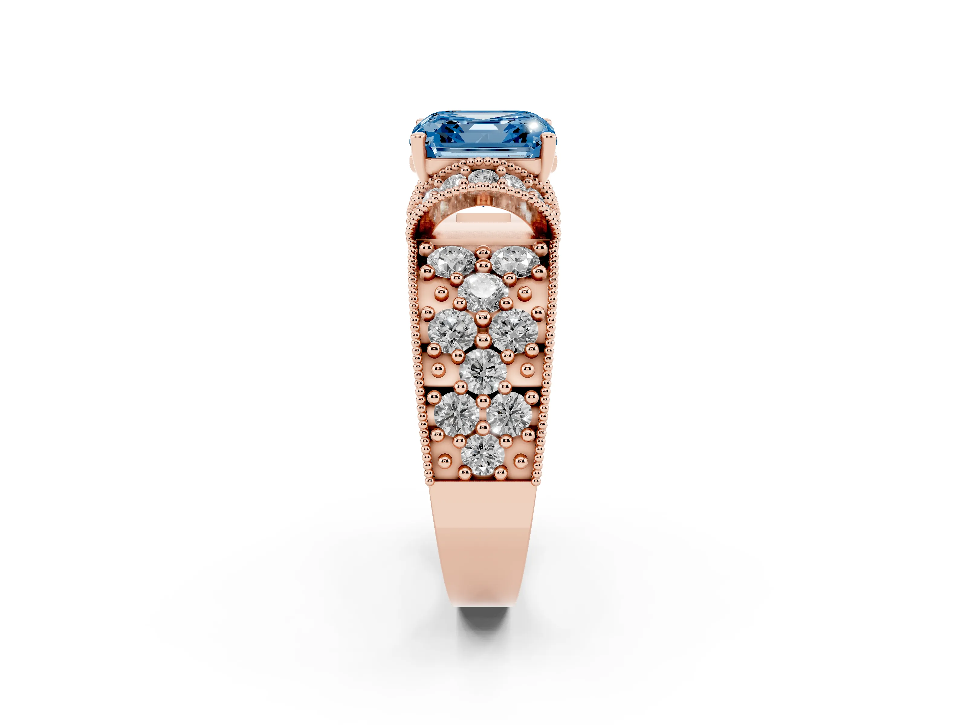 Fancy Blue Asscher Cut Diamond Milgrain Halo Pavé Engagement Ring Set in Rose gold with Prong Setting