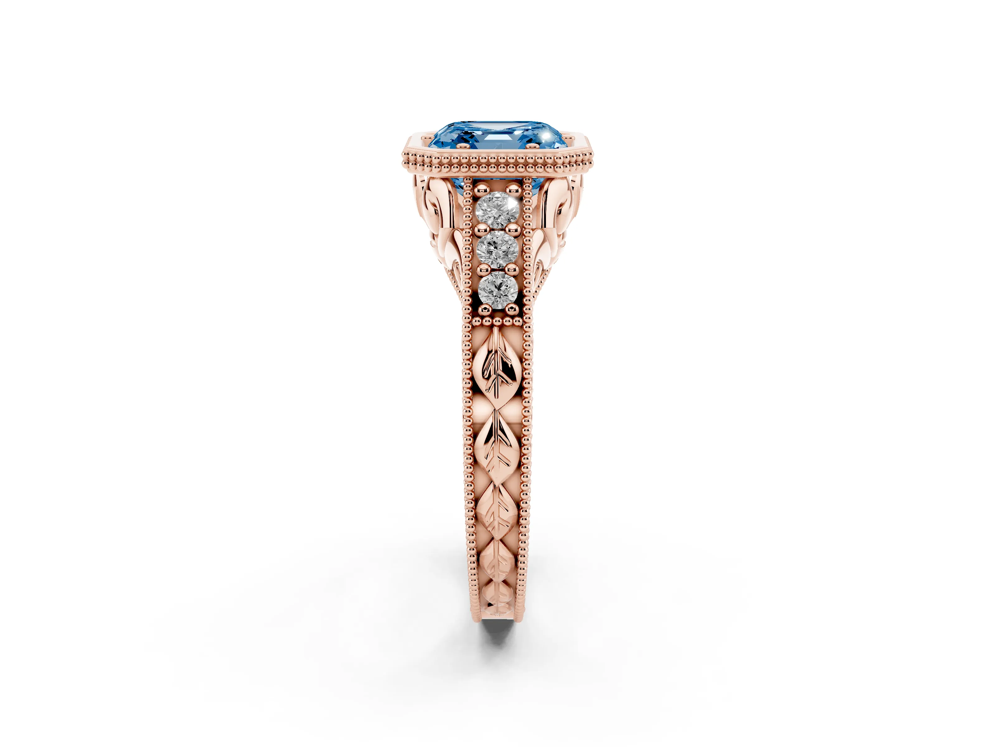Fancy Blue Bezel Set Asscher Cut Diamond Milgrain Pavé Engagement Ring Set in Rose gold