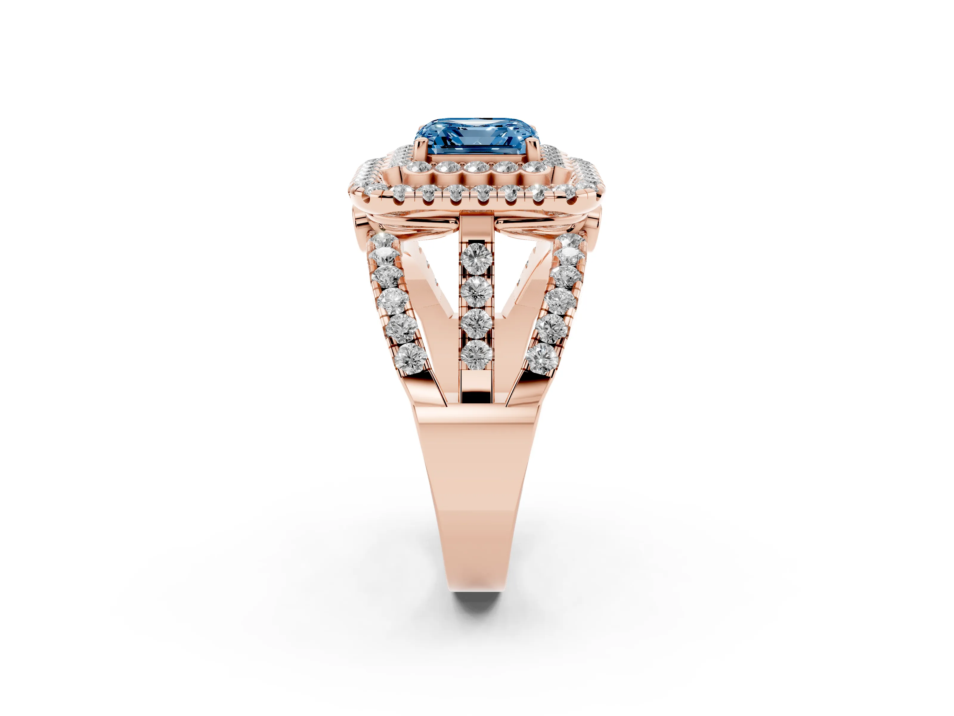 Fancy Blue Asscher Cut Diamond Double Halo Ring Set in Rose gold with Round Pavé Split Shank