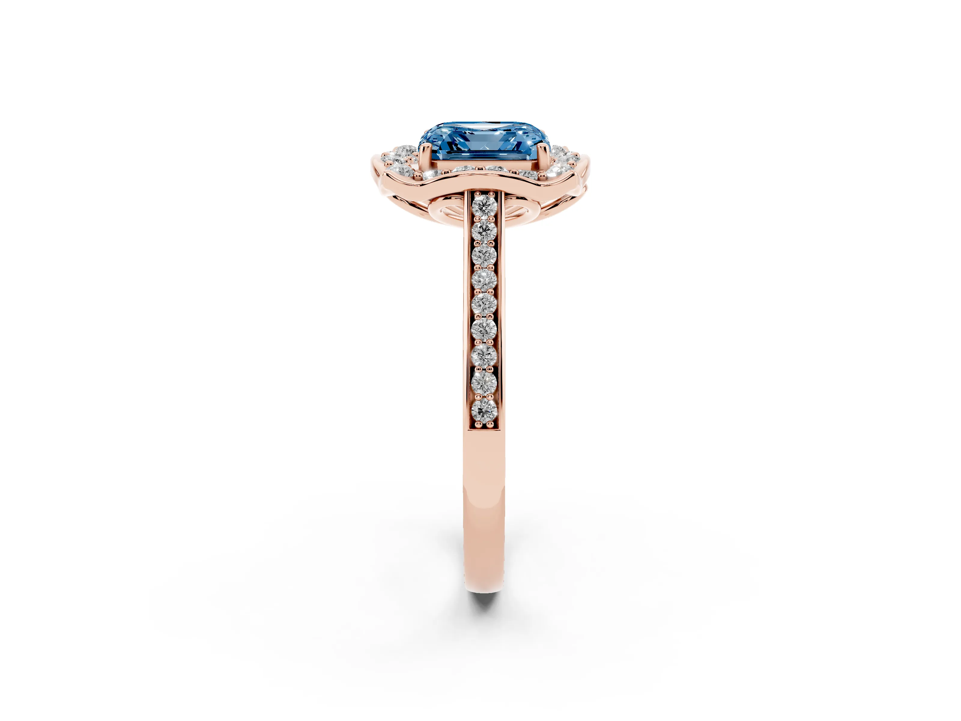 Fancy Blue Asscher Cut Diamond Halo Ring Set in Rose gold with Pavé-Lined Shoulders and Prong Setting