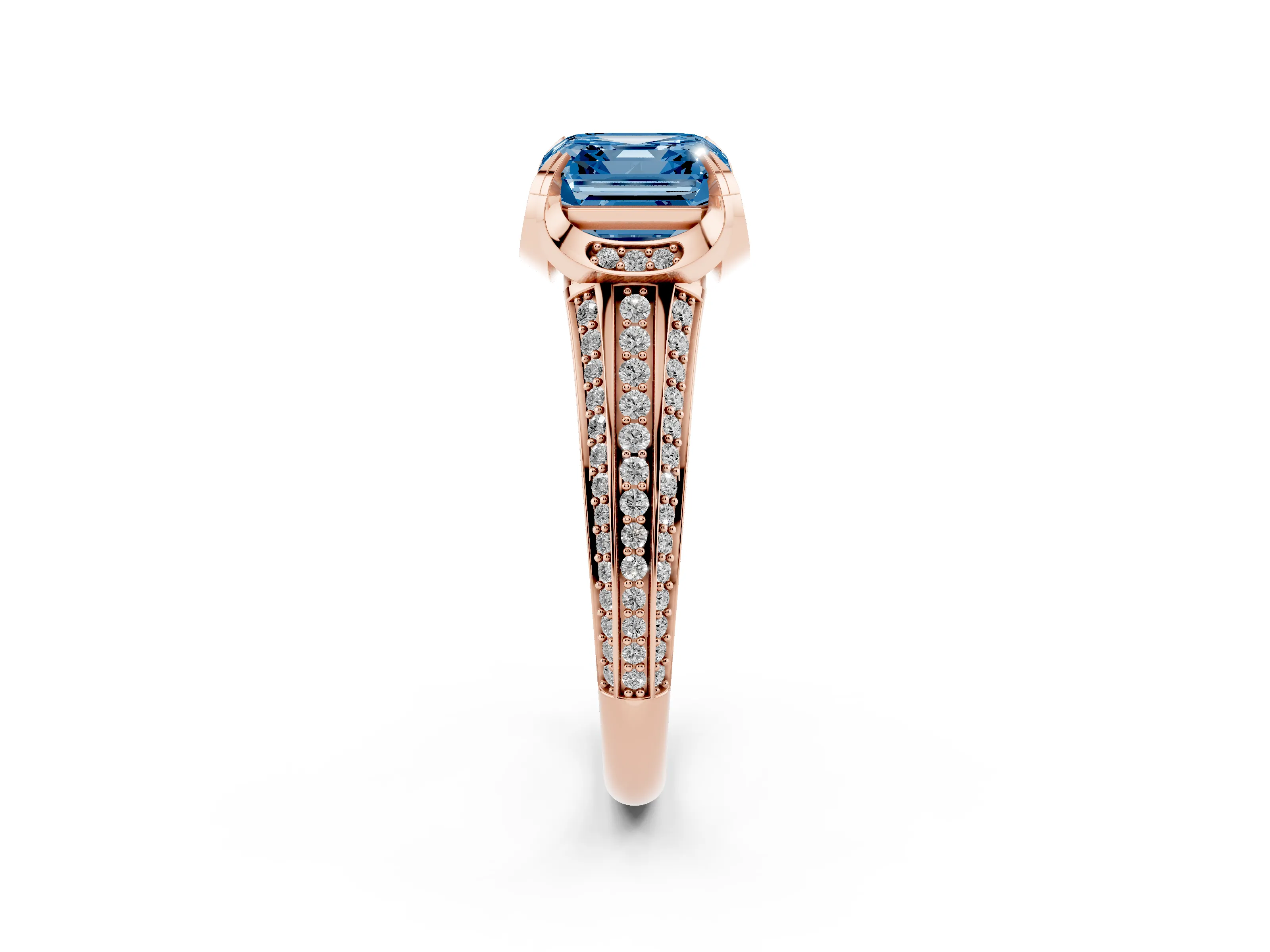 Fancy Blue Asscher Cut Diamond Pavé Split Shank Solitaire Ring Set in Rose gold with Prong Setting