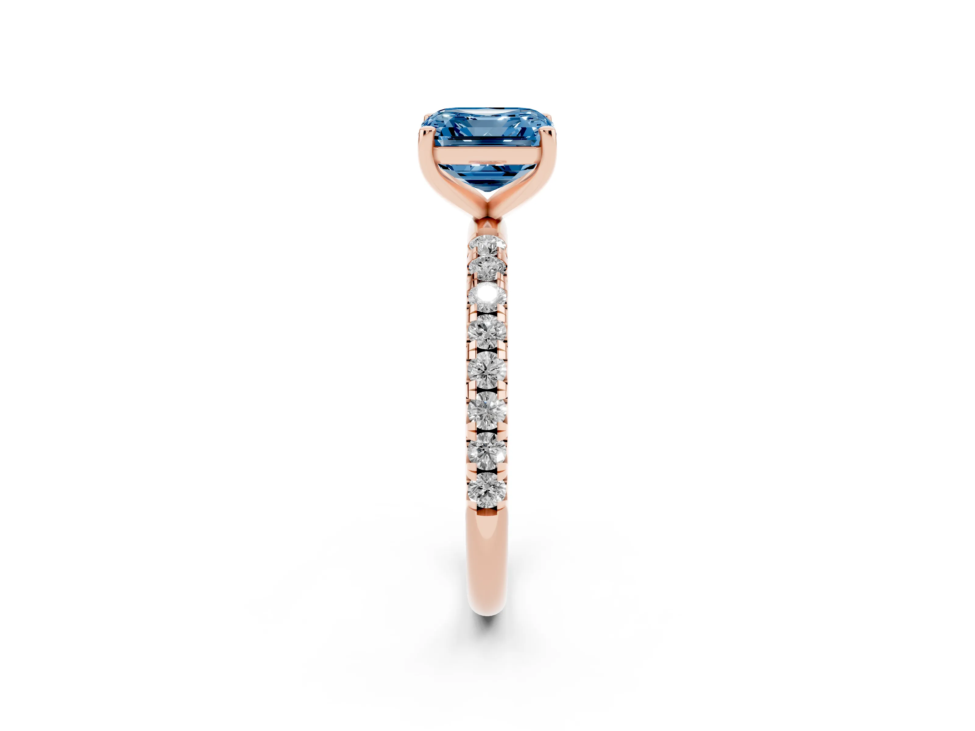 Fancy Blue Asscher Cut Diamond Solitaire Ring Set in Rose gold with Micro Pavé Band and Prong Setting