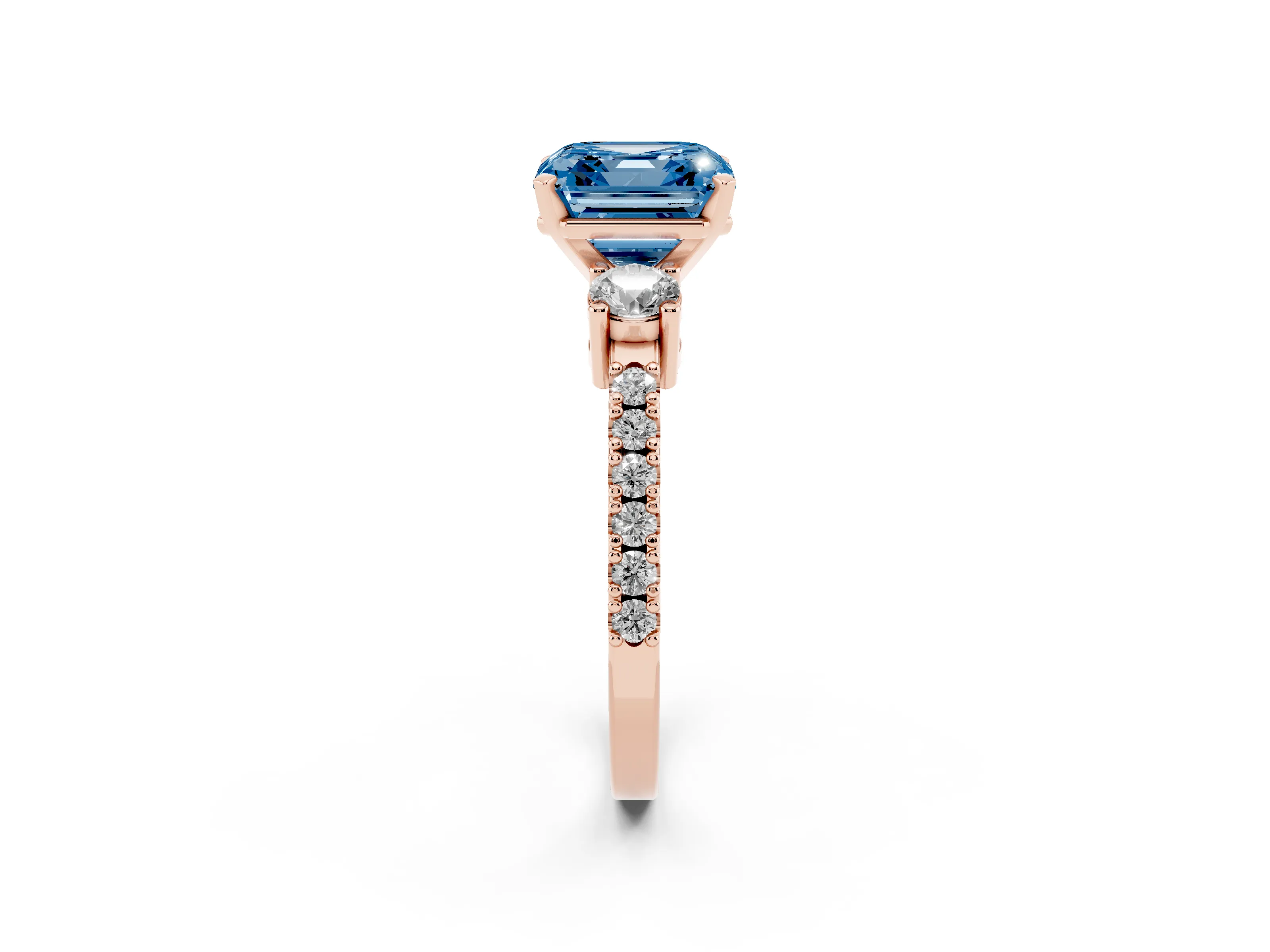 Fancy Blue Three-Stone Asscher Cut Diamond Pavé Band Ring Set in Rose gold with Prong Setting