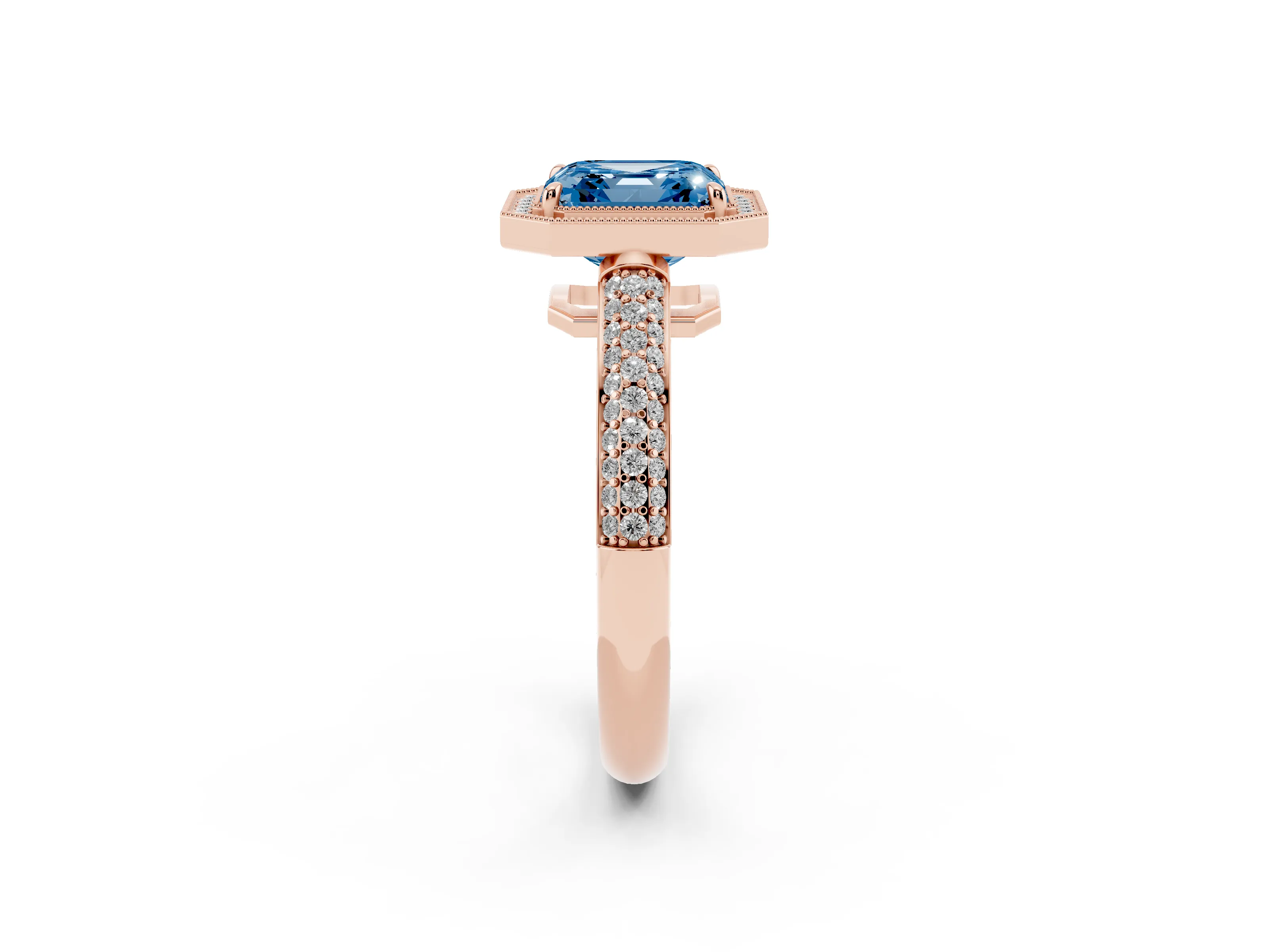 Fancy Blue Asscher Cut Diamond Halo Pavé Band Set in Rose gold with Prong Setting