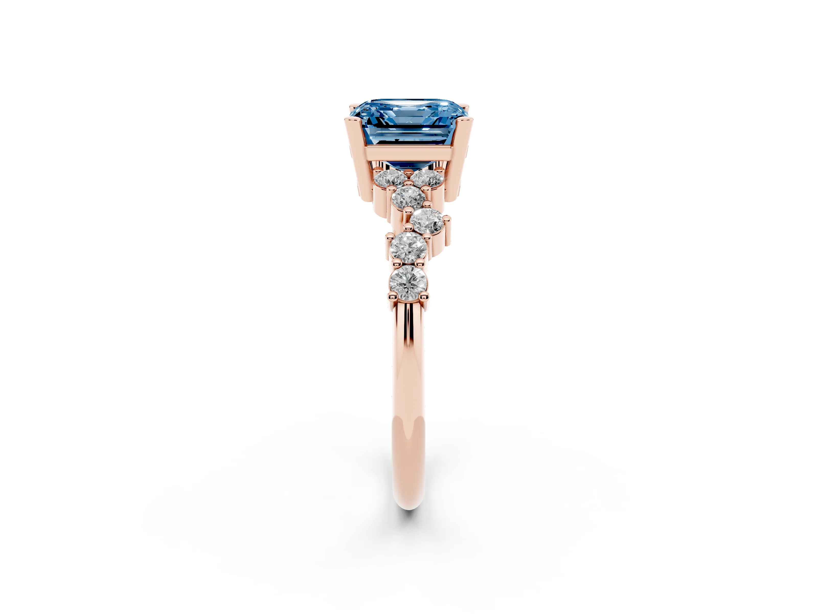 Fancy Blue Asscher Cut Diamond Ring Set in Rose gold with Scattered Round Accents