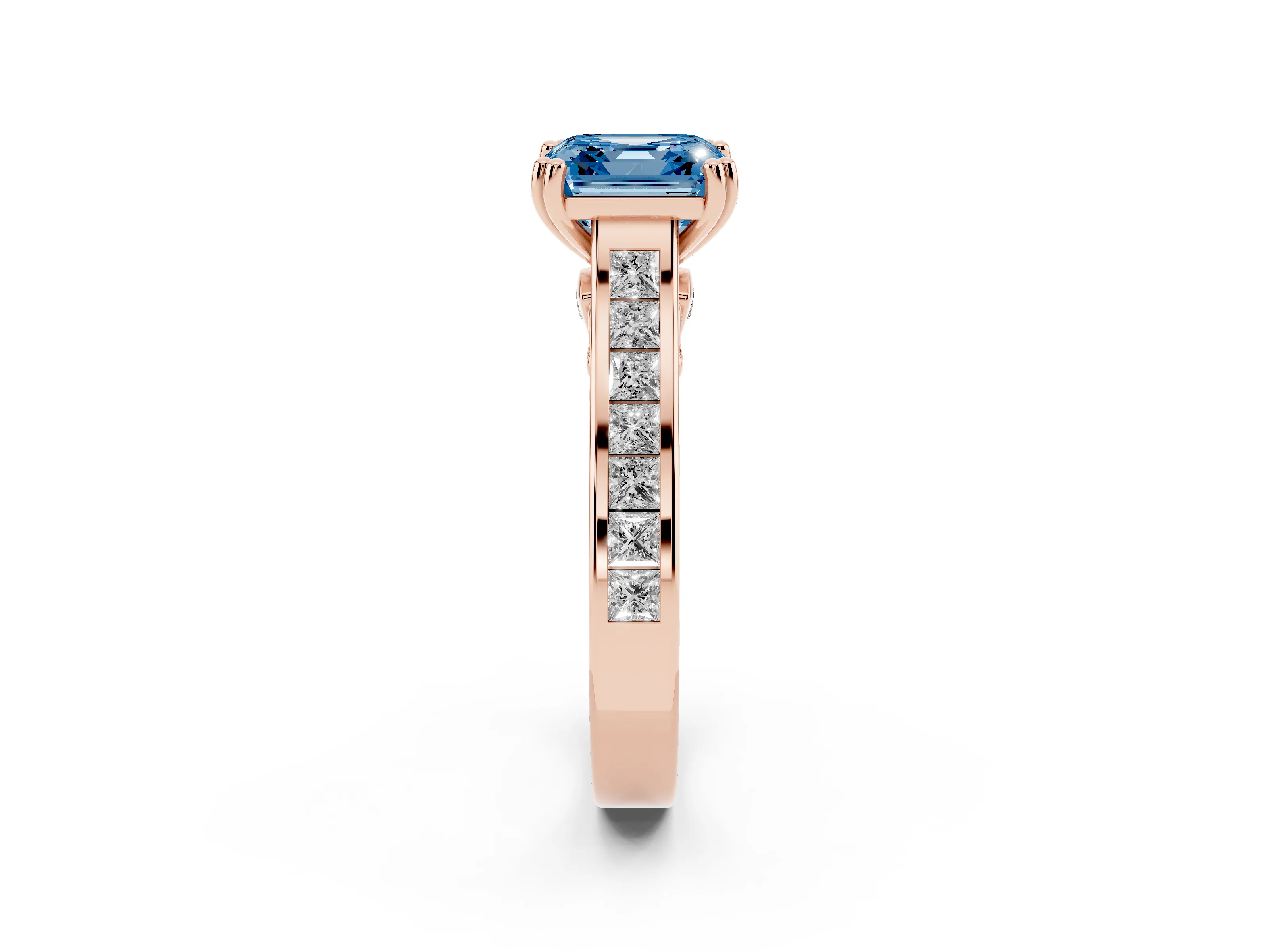 Fancy Blue Asscher Cut Diamond Channel Set Solitaire Engagement Ring Set in Rose gold with Prong Setting