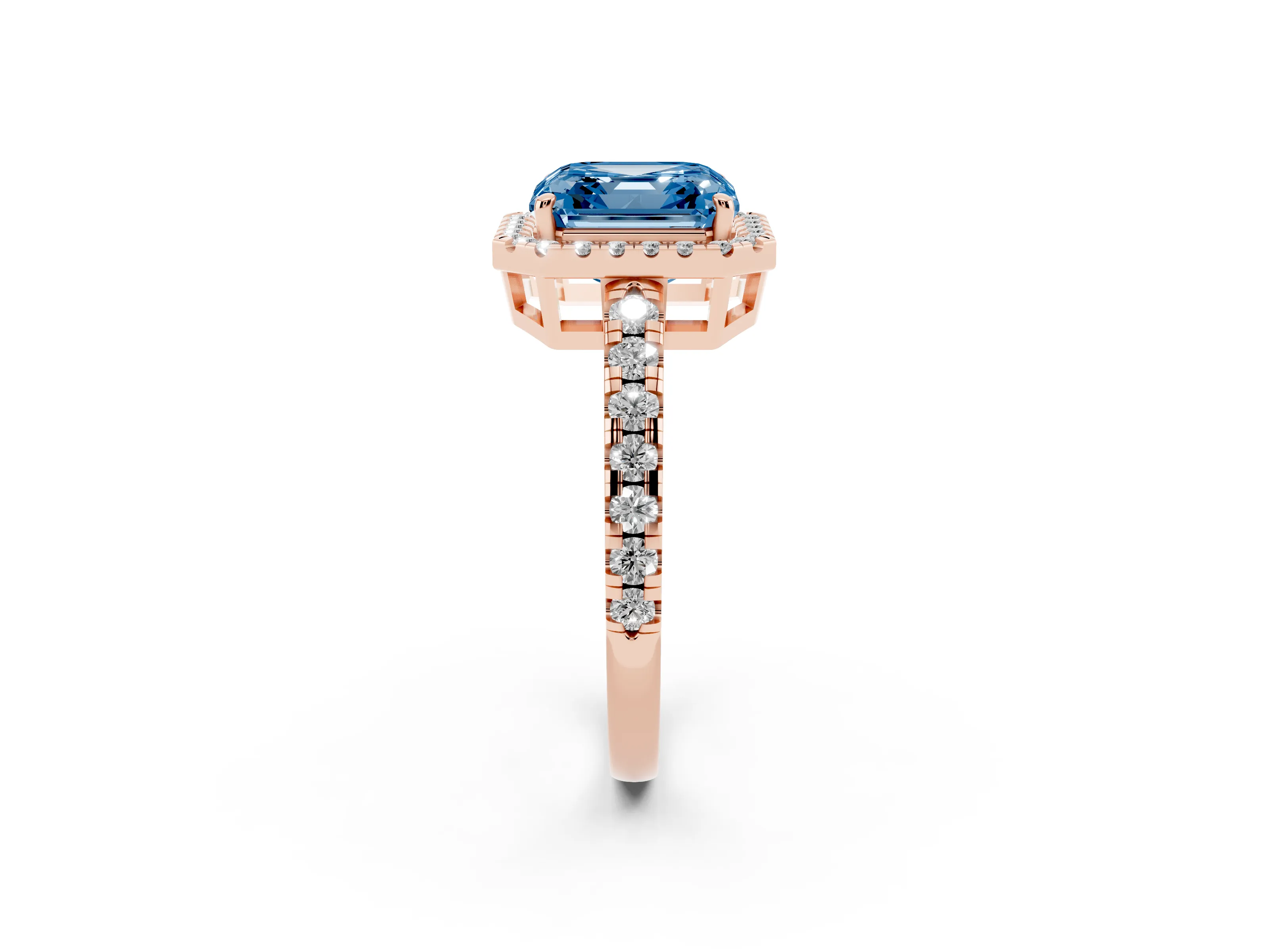 Fancy Blue Asscher Cut Diamond Halo Ring Set in Rose gold with Delicate Pavé Band and Prong Setting