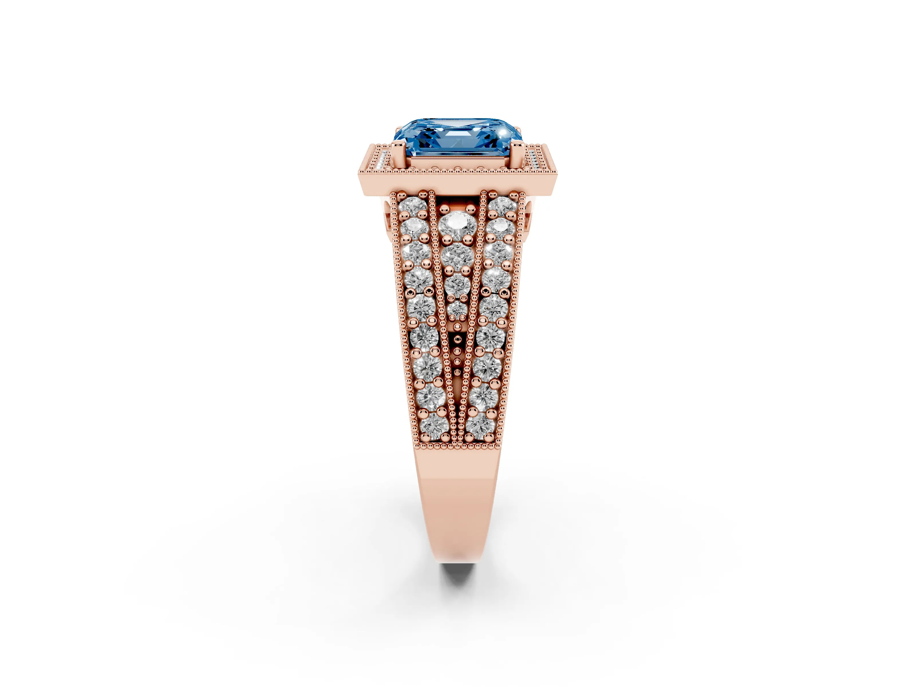 Fancy Blue Asscher Cut Diamond Halo Ring Set in Rose gold with Accent Split Shank and Prong Setting