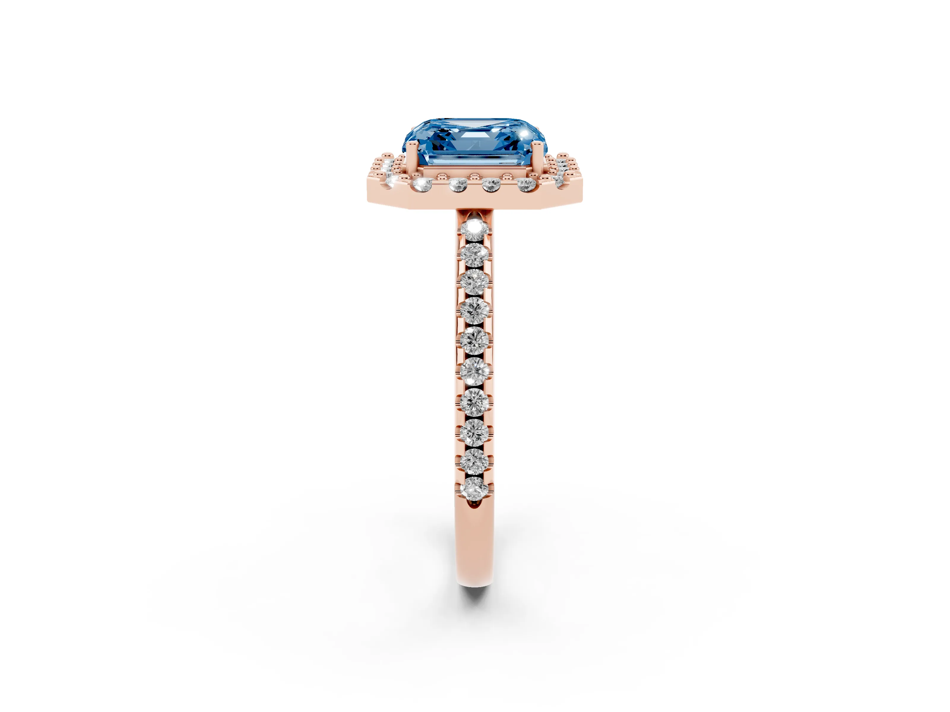 Fancy Blue Asscher Cut Diamond Pavé Halo Ring Set in Rose gold with Prong Setting