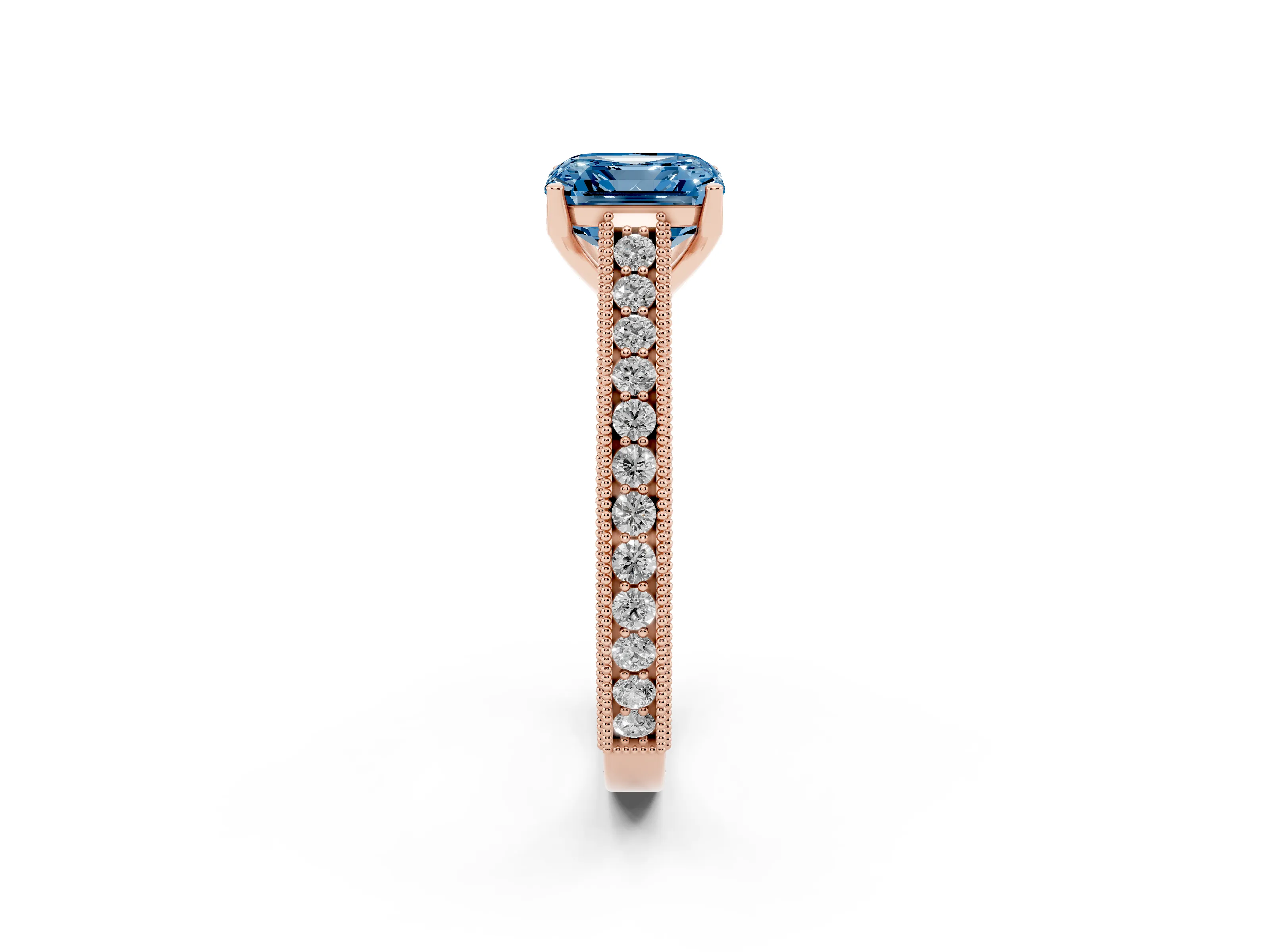 Fancy Blue Asscher Cut Diamond Milgrain Pavé Band Solitaire Ring Set in Rose gold with Prong Setting