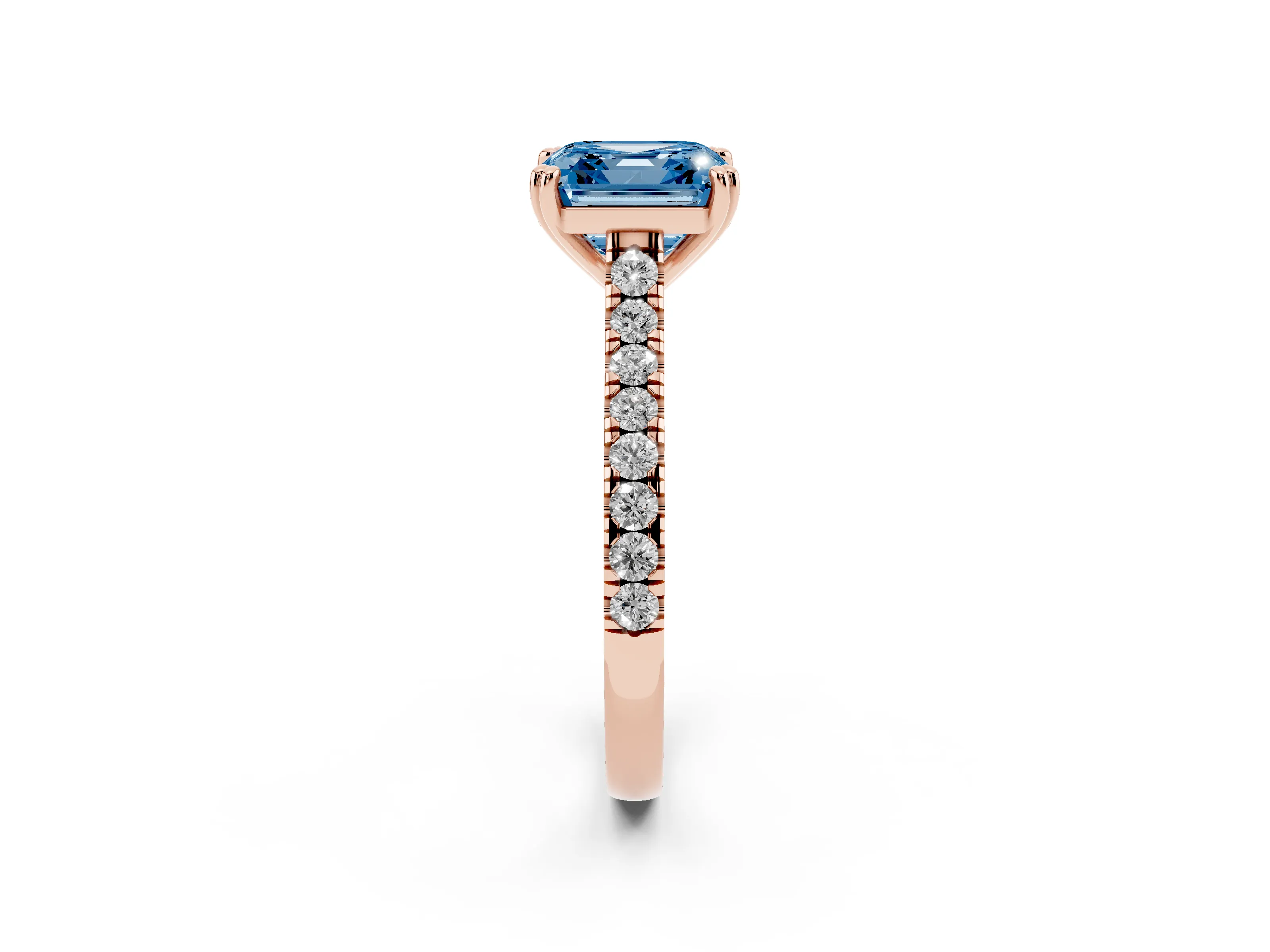 Fancy Blue Asscher Cut Diamond Solitaire Engagement Ring Set in Rose gold with Pavé Accents and Prong Setting
