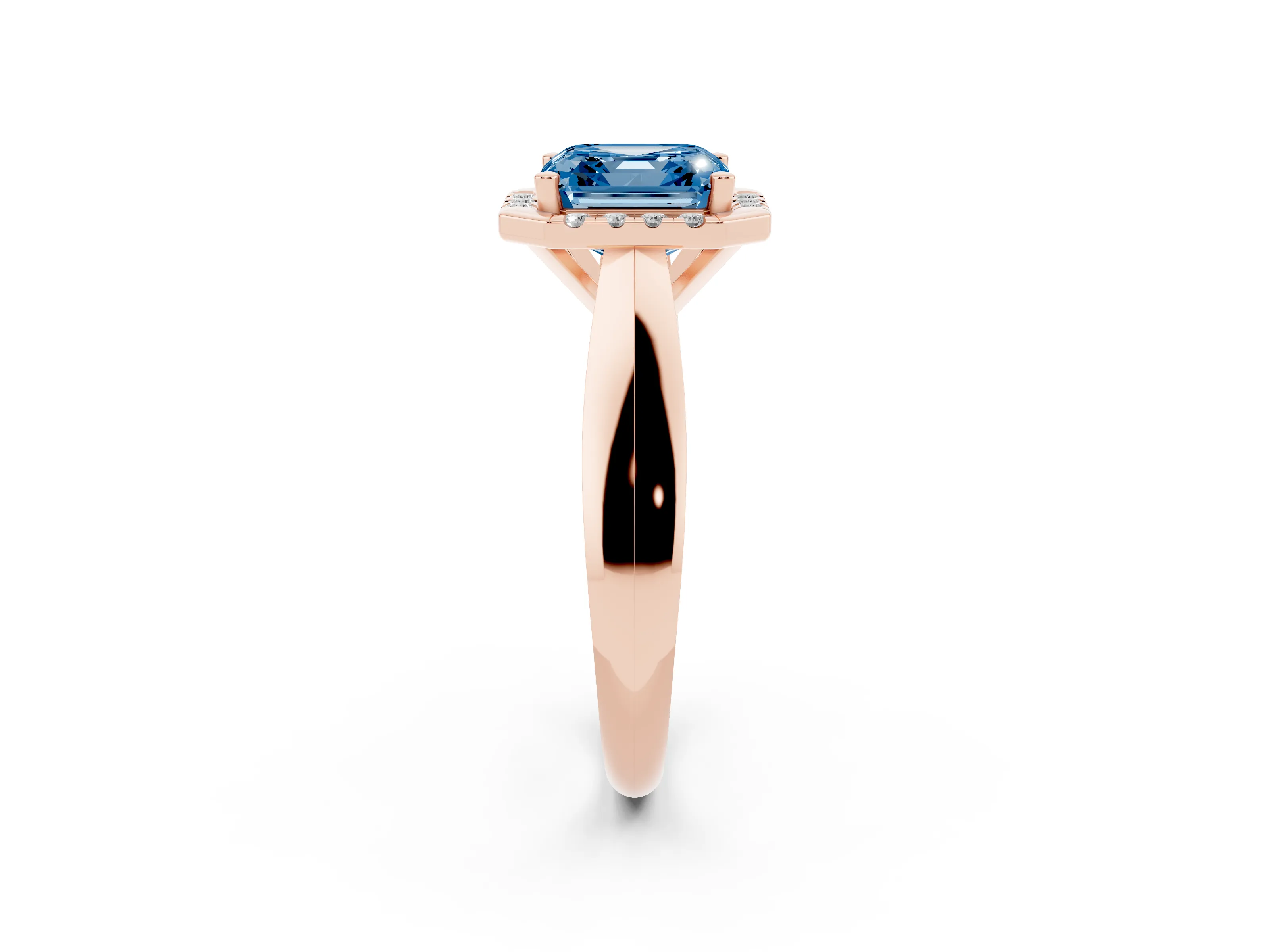 Fancy Blue Asscher Cut Diamond Halo Solitaire Engagement Ring Set in Rose gold with Square Band and Prong Setting