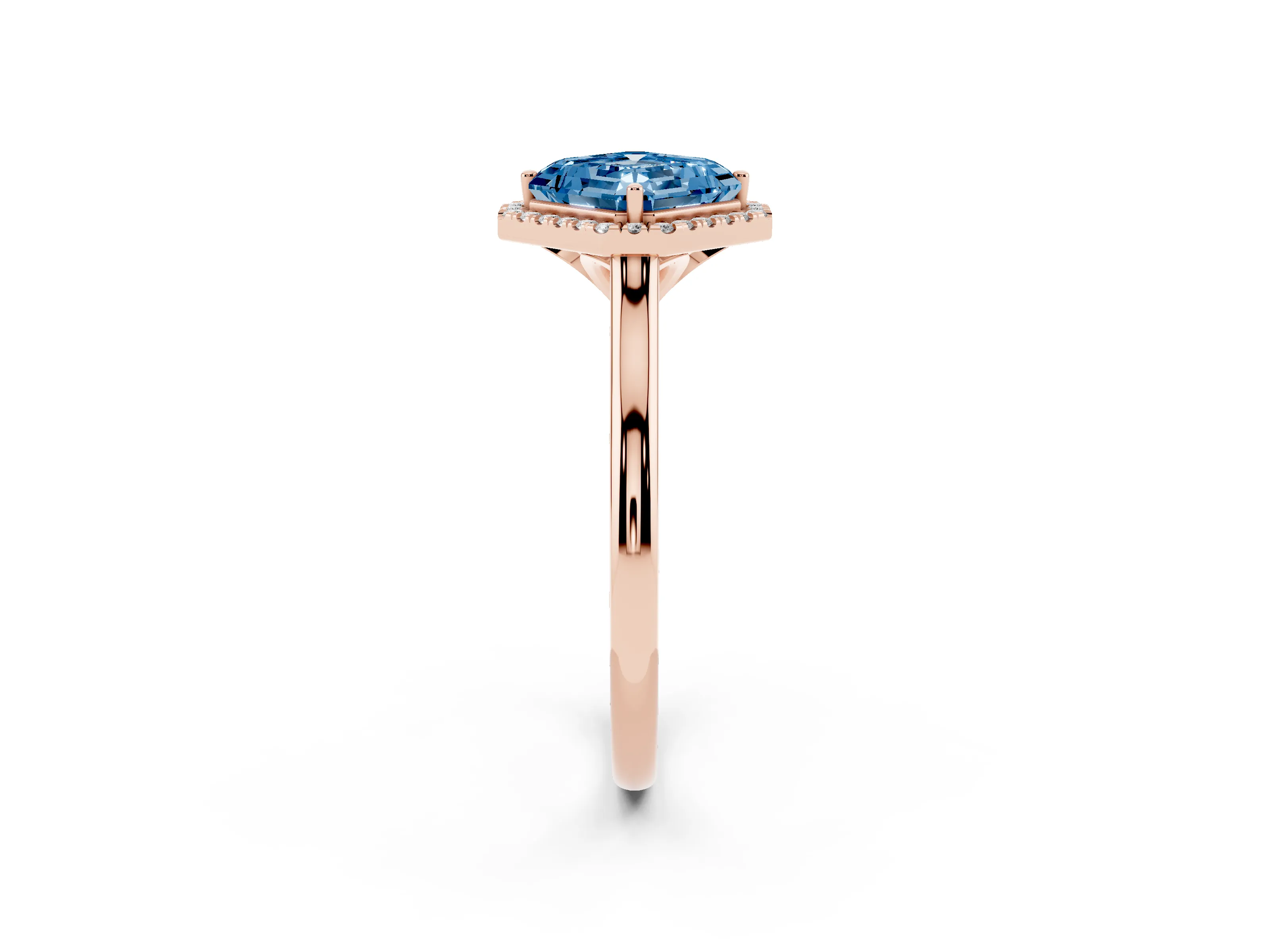 Fancy Blue Asscher Cut Diamond Halo Engagement Ring Set in Rose gold with Pavé Band and Rising Shoulders