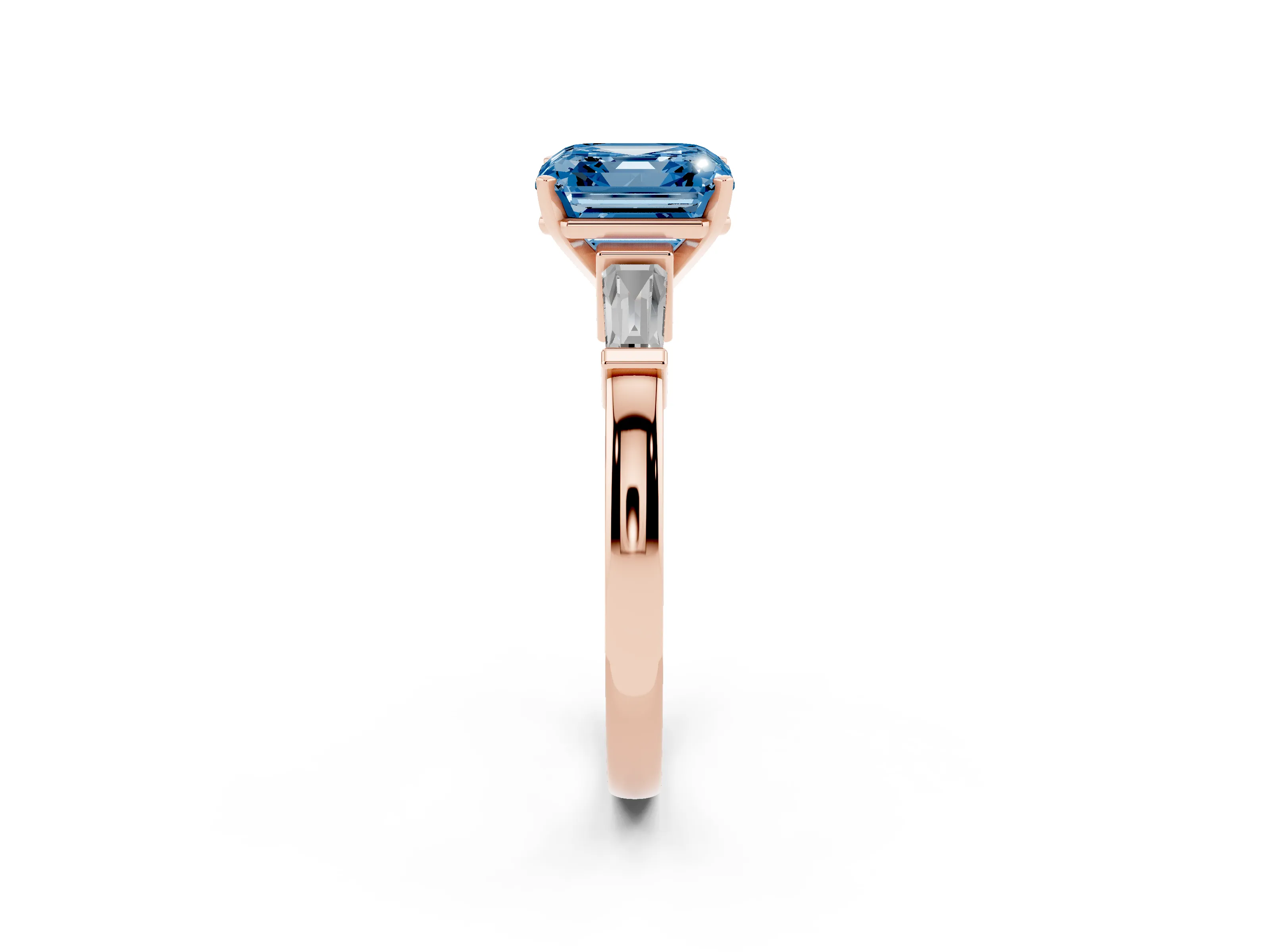 Fancy Blue Asscher Cut Diamond Solitaire Ring Set in Rose gold with Tapered Baguette Accents and Prong Setting