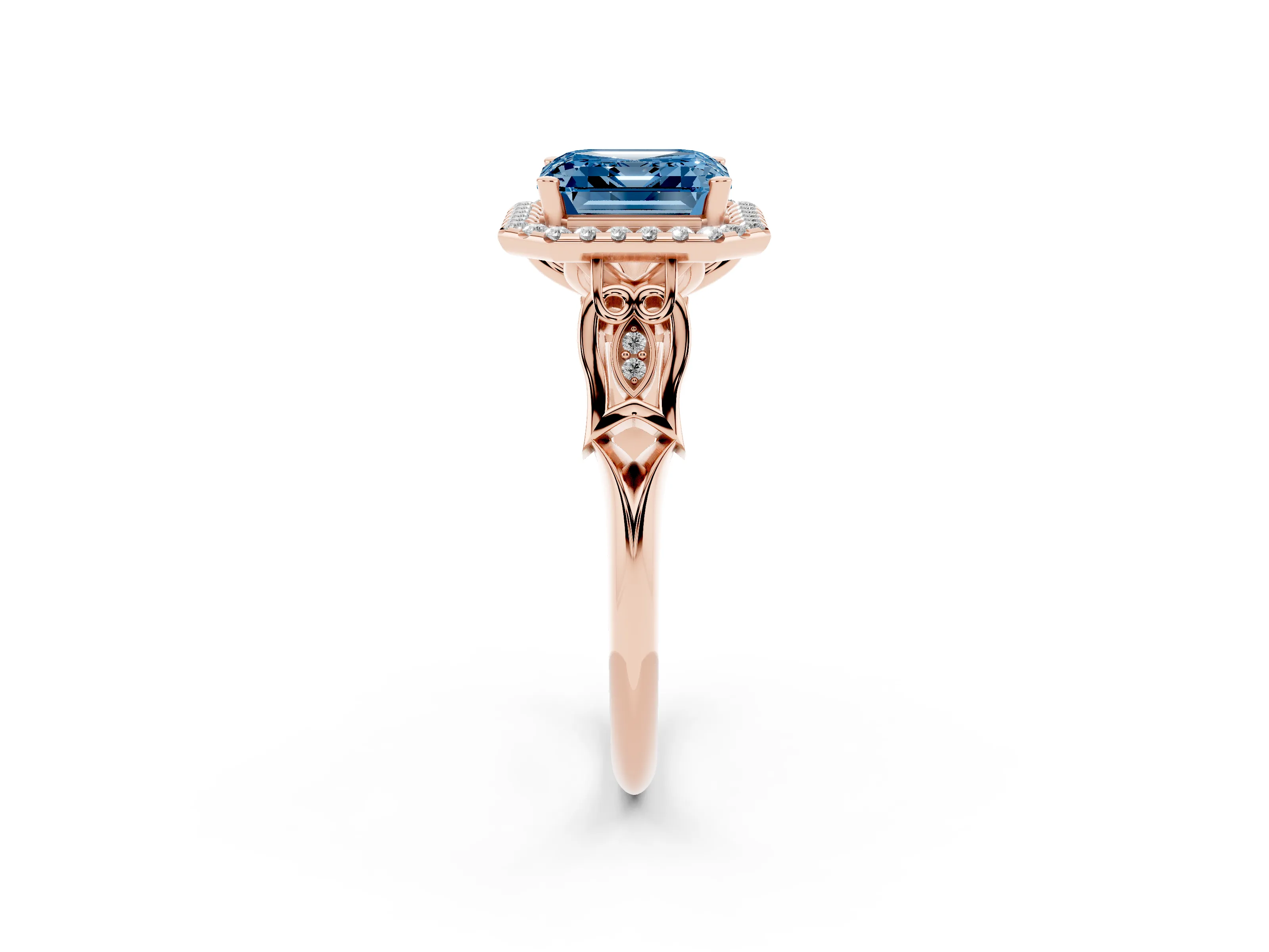 Fancy Blue Asscher Cut Diamond Halo Engagement Ring Set in Rose gold with Filigree Band and Prong-Set Center