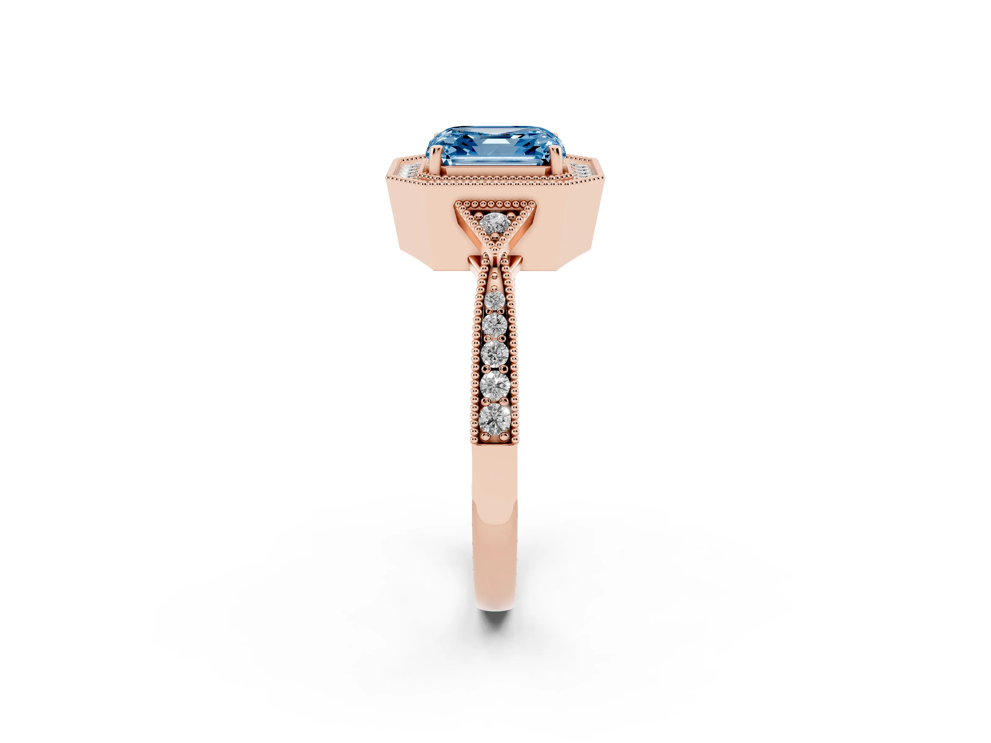 Fancy Blue Asscher Cut Diamond Halo Engagement Ring Set in Rose gold with Milgrain Pavé Band