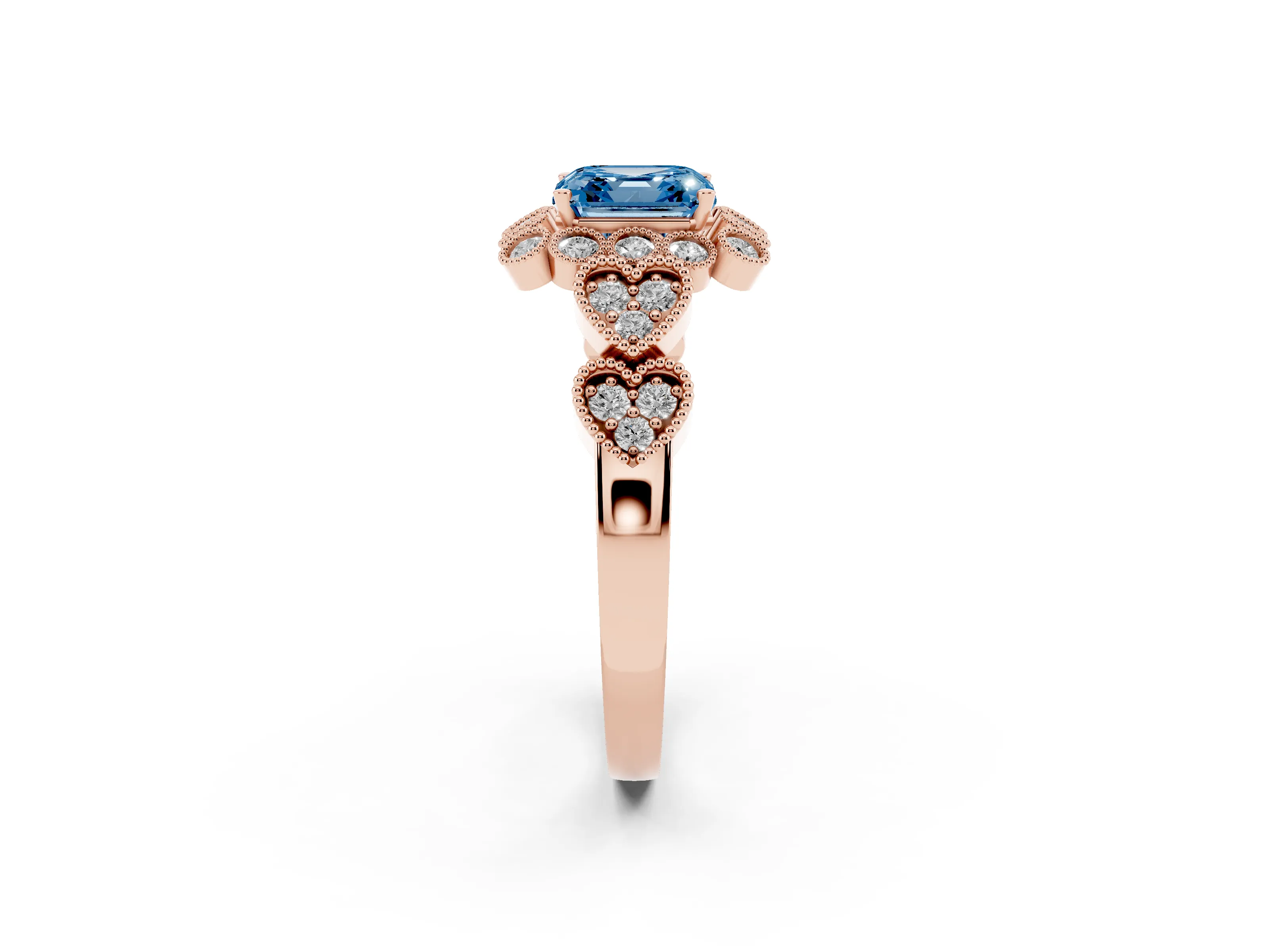 Fancy Blue Asscher Cut Diamond Solitaire Ring Set in Rose gold with Milgrain Pavé Heart Band