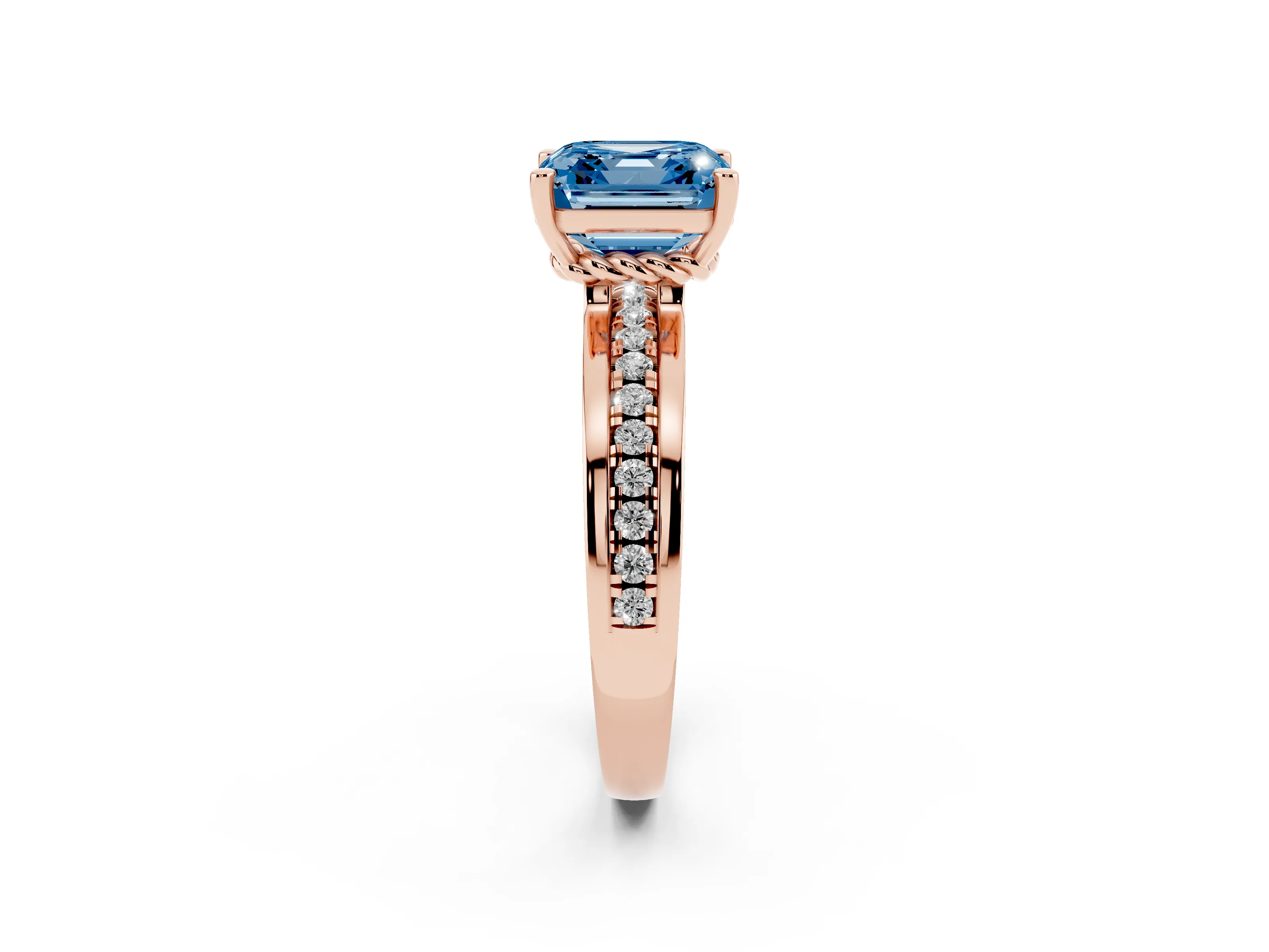 Fancy Blue Asscher Cut Diamond Solitaire Ring Set in Rose gold with Channel Set Band and Prong Setting