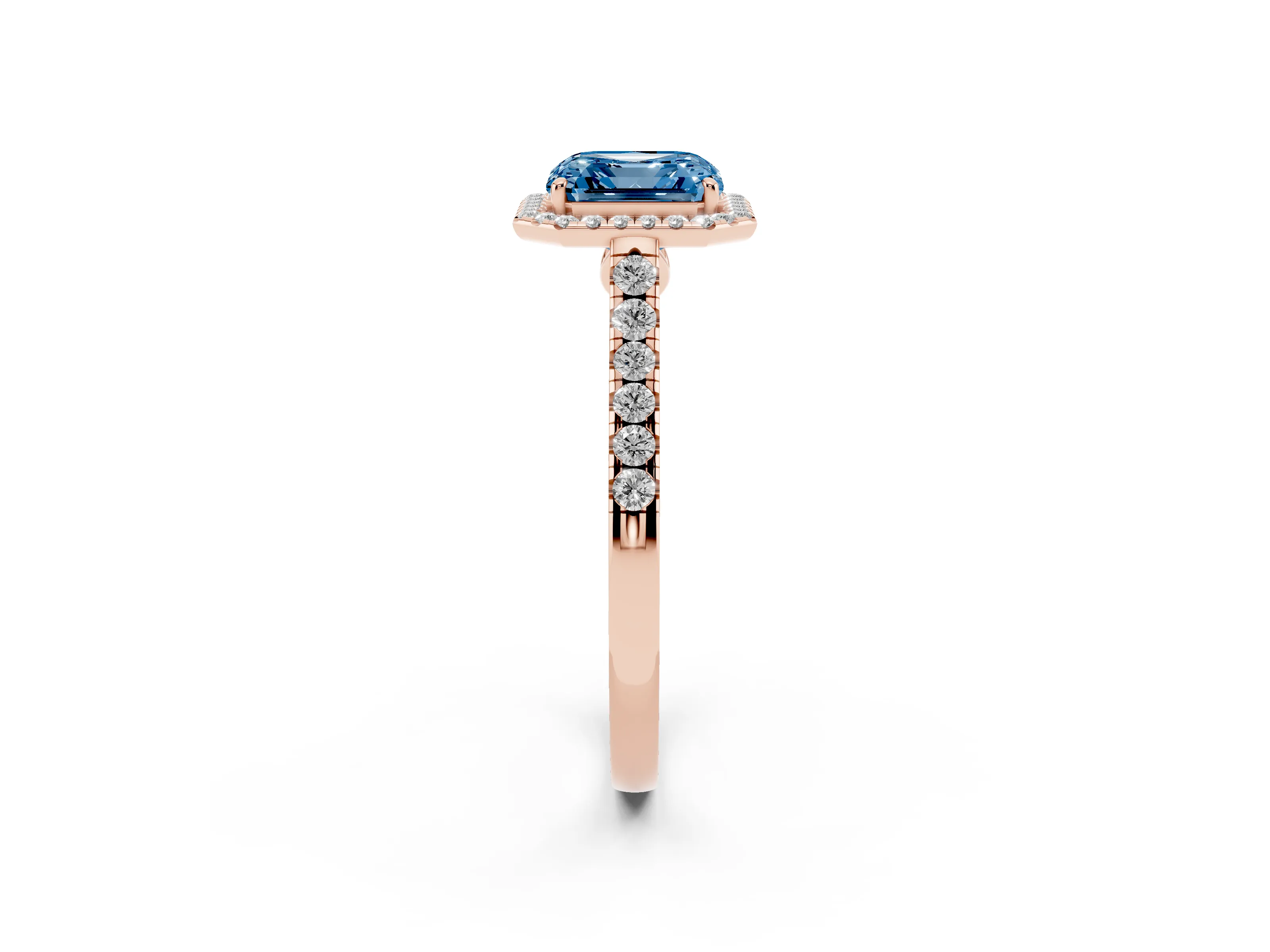 Fancy Blue Asscher Cut Diamond Halo Pavé Engagement Ring Set in Rose gold with Prong Setting