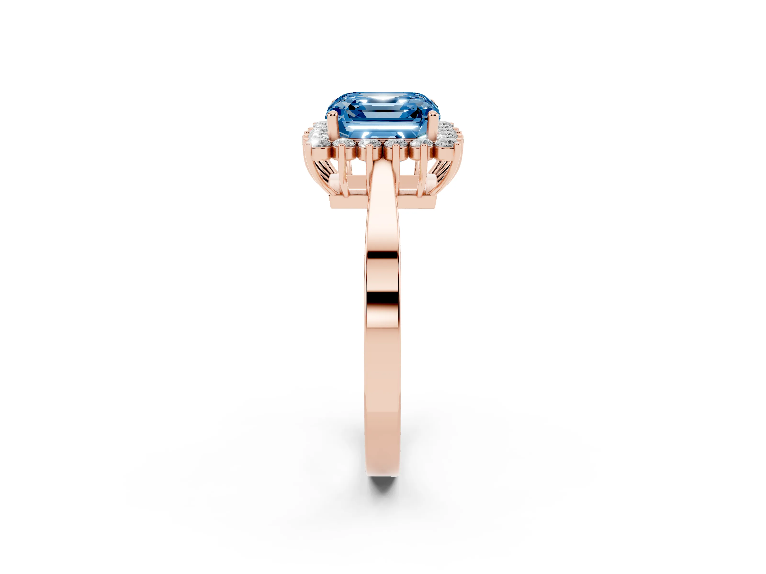 Fancy Blue Asscher Cut Diamond Halo Ring Set in Rose gold with Round Halo and Smooth Solitaire Band