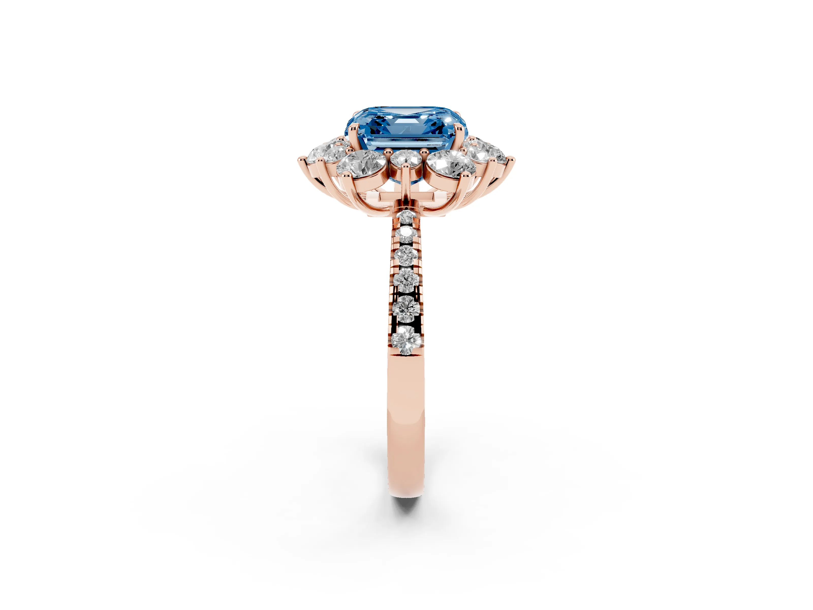 Fancy Blue Asscher Cut Diamond Floral Halo Ring Set in Rose gold with Round Pavé Band and Prong Setting