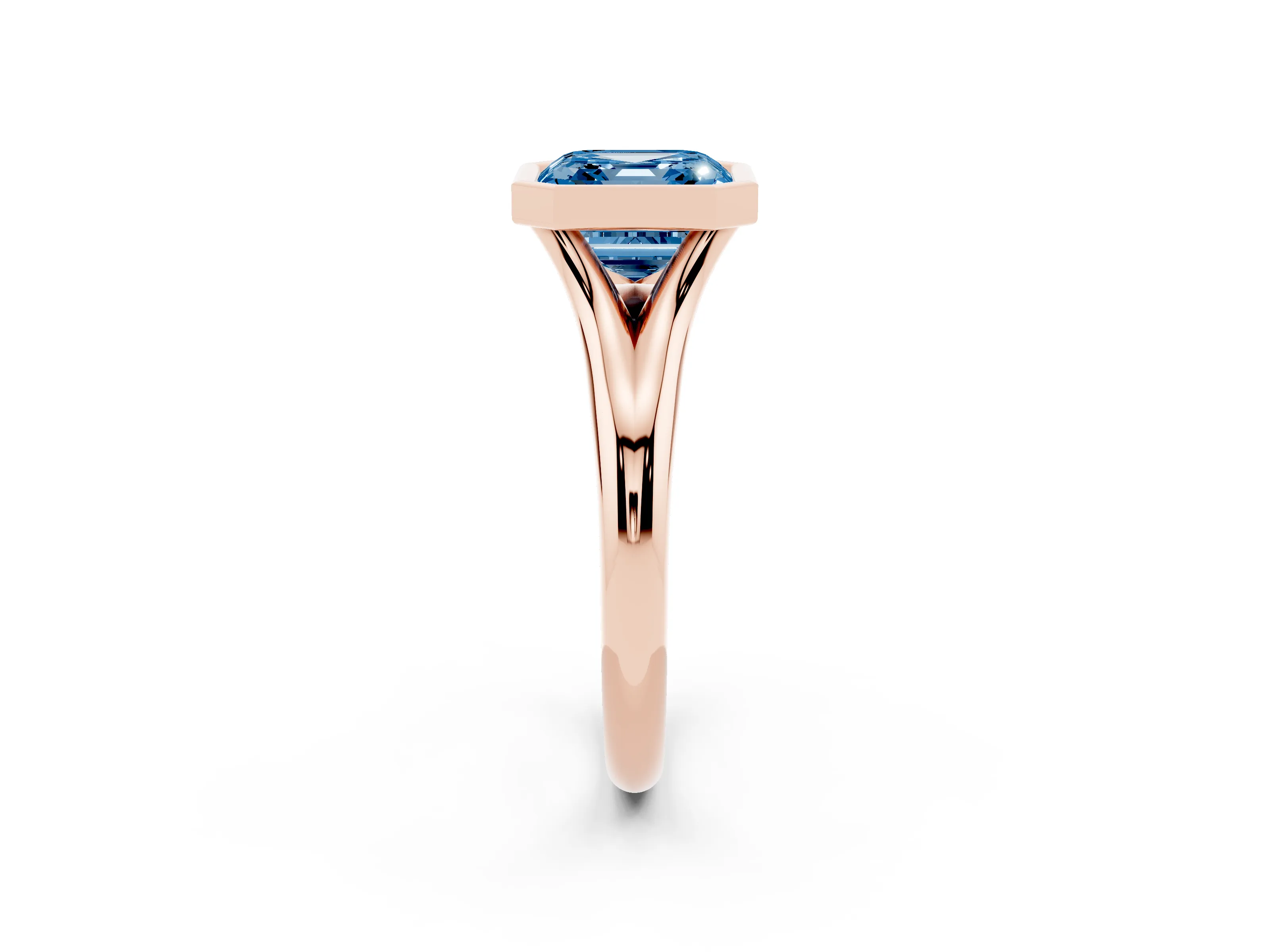 Fancy Blue Bezel Set Asscher Cut Diamond Solitaire Ring Set in Rose gold with Smooth Band