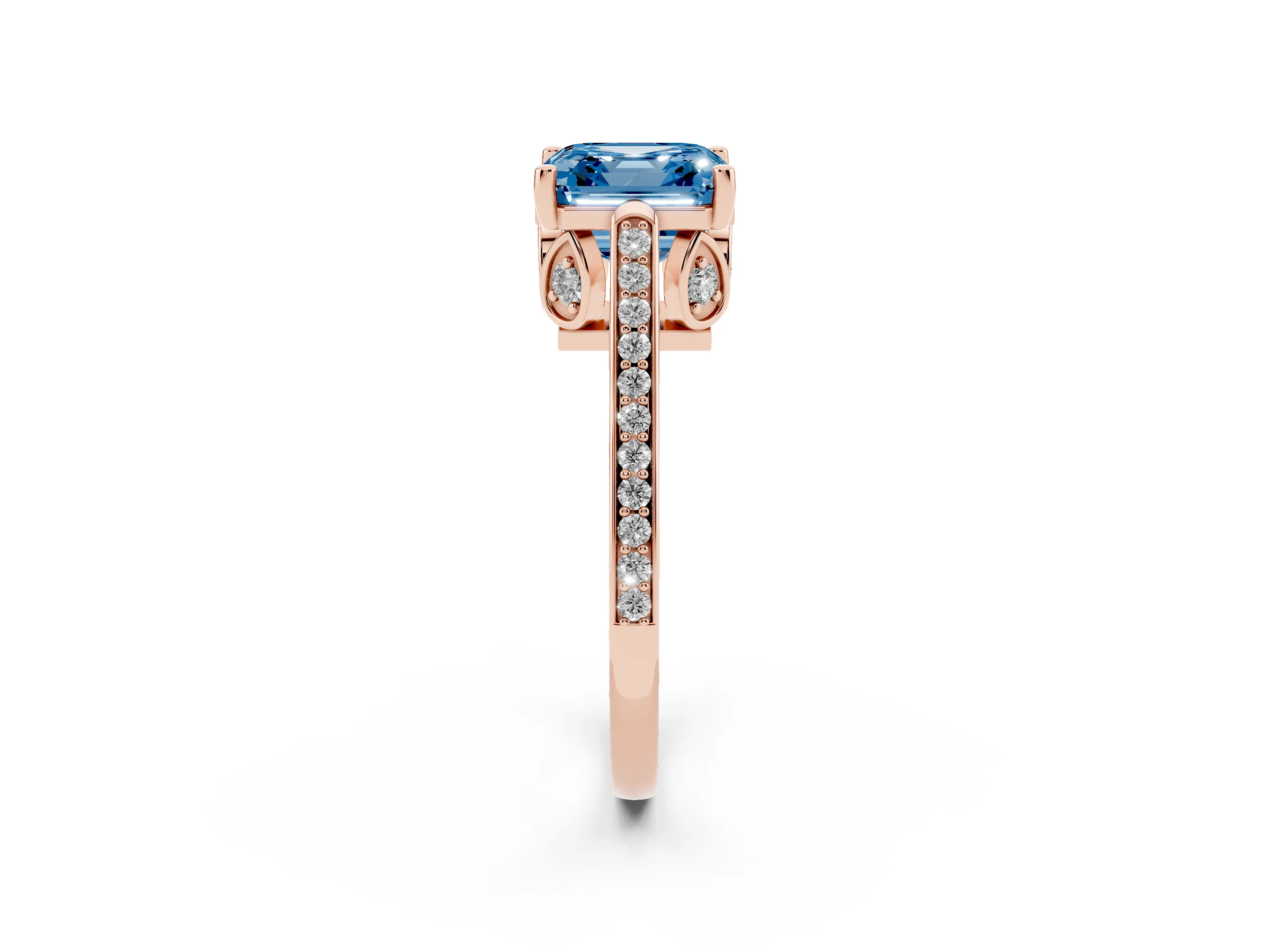 Fancy Blue Asscher Cut Diamond Cathedral Pavé Engagement Ring Set in Rose gold with Prong Setting