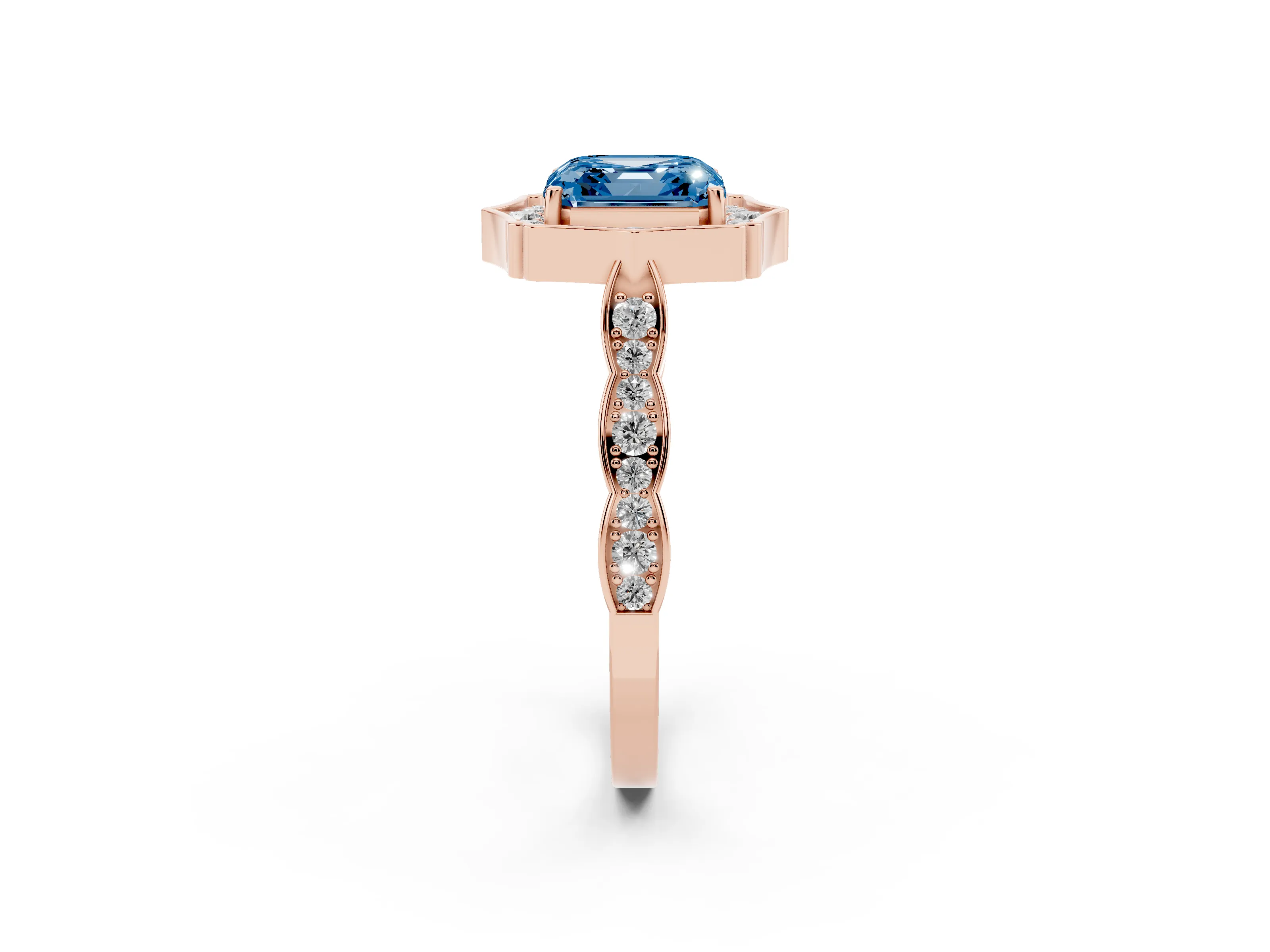 Fancy Blue Asscher Cut Diamond Halo Engagement Ring Set in Rose gold with Milgrain Band and Prong Setting