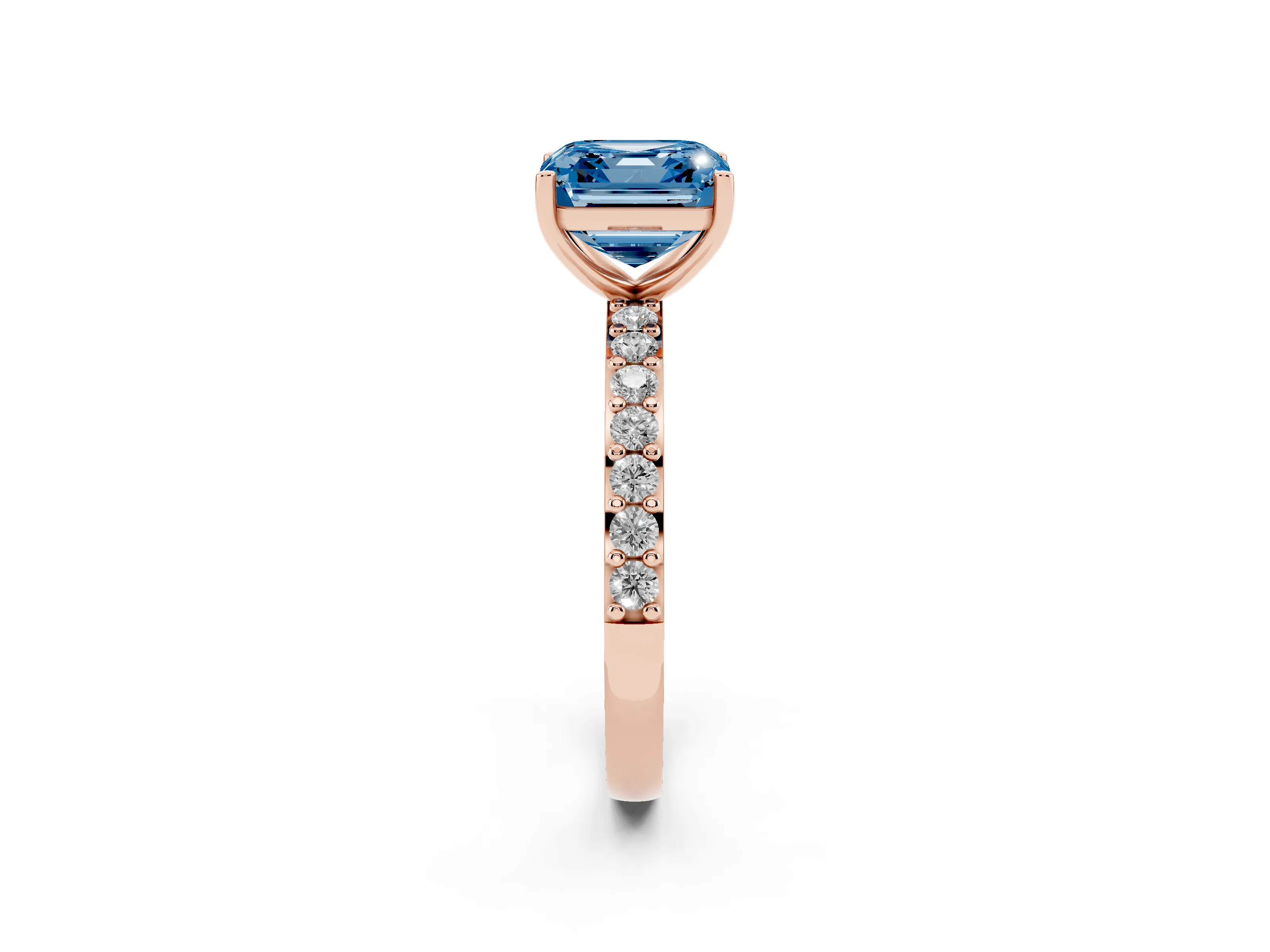 Fancy Blue Asscher Cut Diamond Solitaire Set in Rose gold with Round Pavé Band and Prong Setting