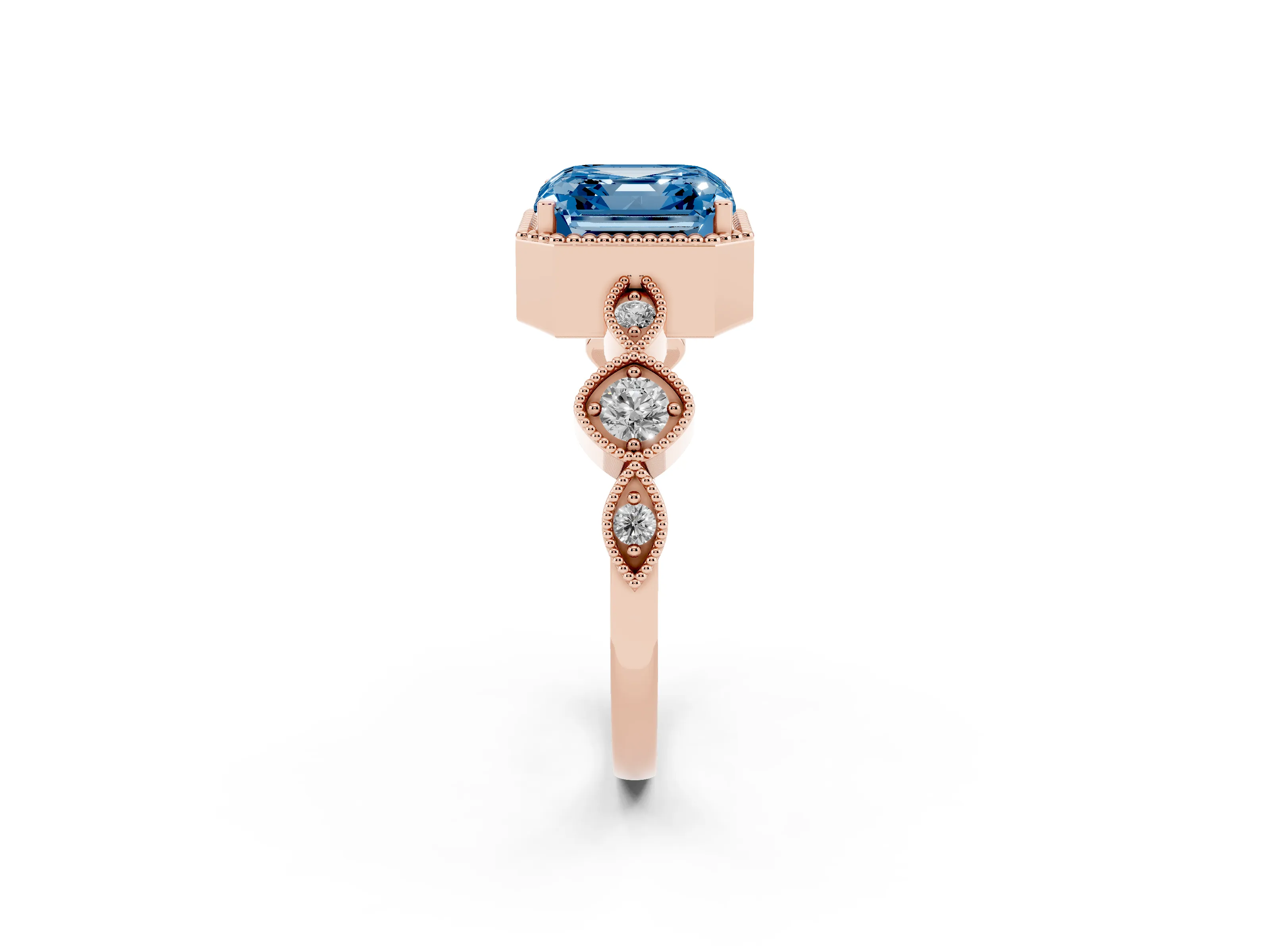 Fancy Blue Asscher Cut Diamond Vintage-Inspired Milgrain Ring Set in Rose gold with Marquise Stations of Round Accents