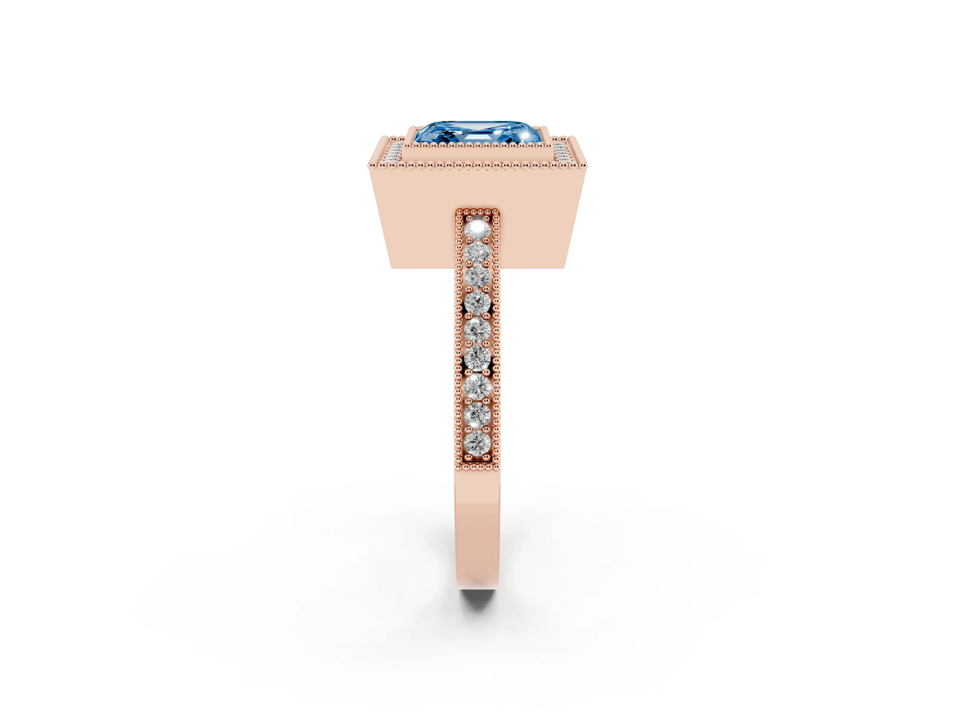 Fancy Blue Asscher Cut Diamond Round Halo Ring Set in Rose gold with Pavé Band