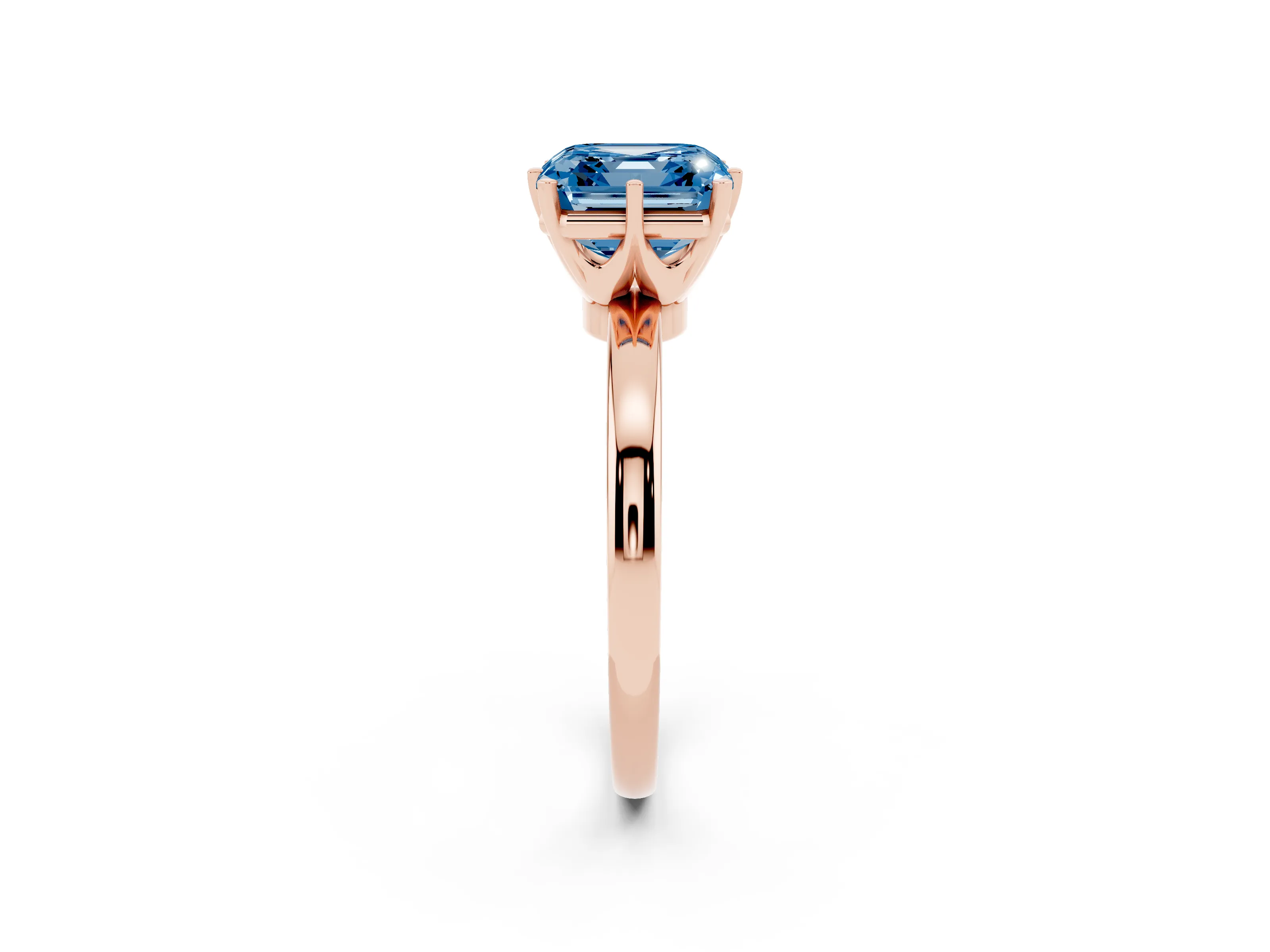 Fancy Blue Asscher Cut Diamond Solitaire Ring Set in Rose gold with Raised Prong Setting on a Classic Band