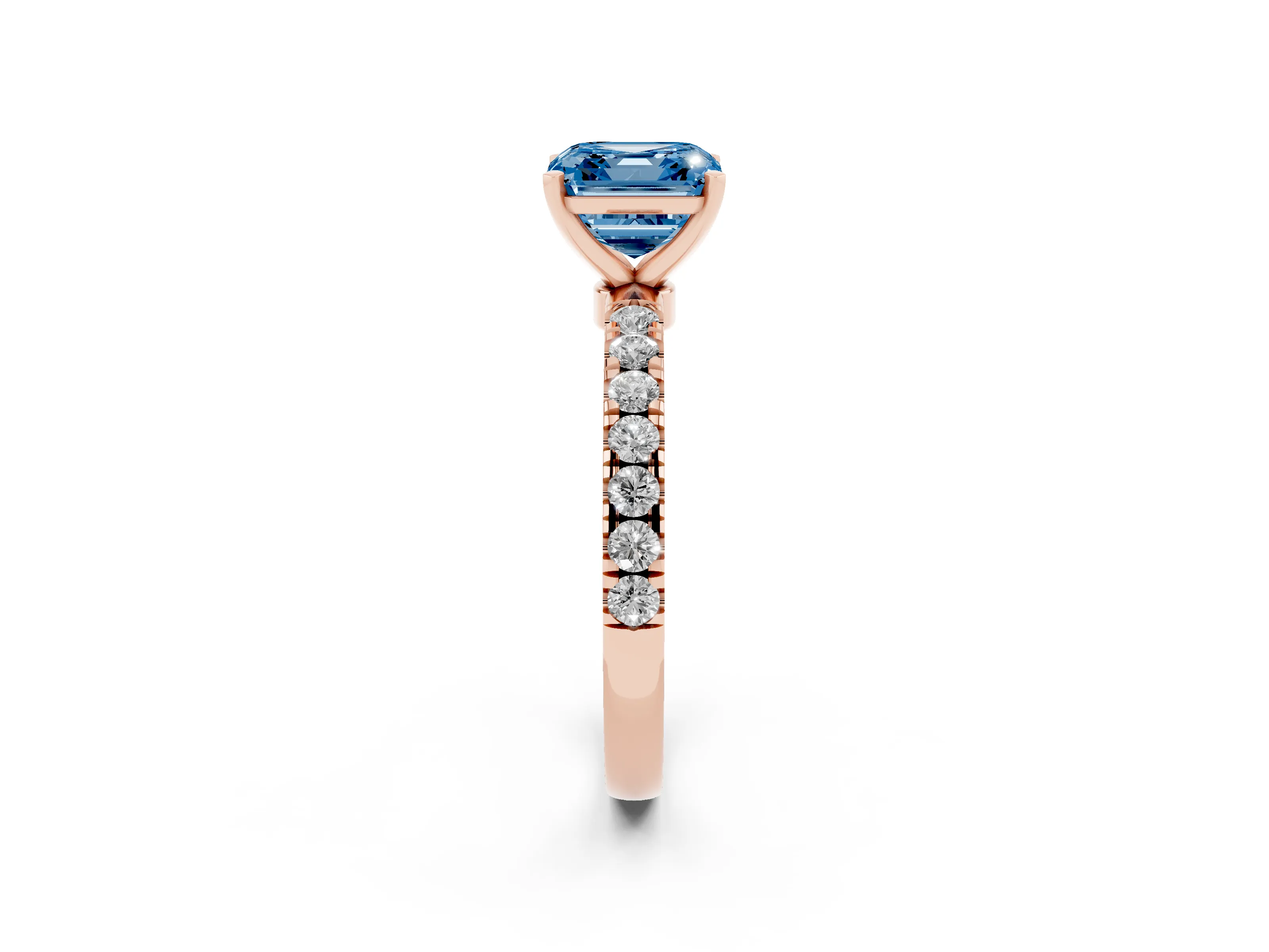 Fancy Blue Asscher Cut Diamond Solitaire Ring Set in Rose gold with Pavé Accents and Prong Setting